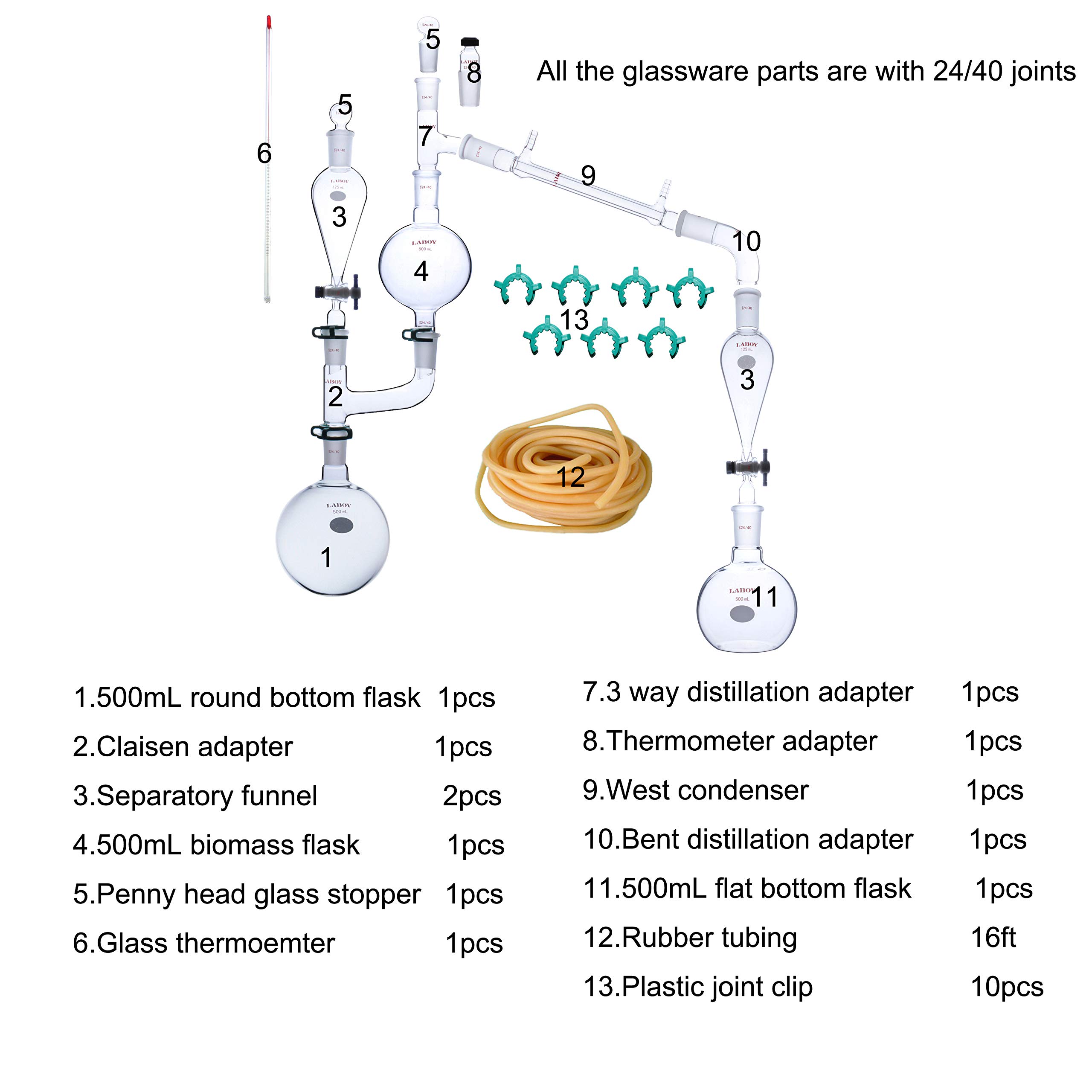 Laboy Kit di Distillazione di Vapore di Vetro Distillazione Set con Biomassa Fiaschetta Olio Essenziale Estrazione Maker Chimica Organica Laboratorio Vetreria Attrezzature 25 pz