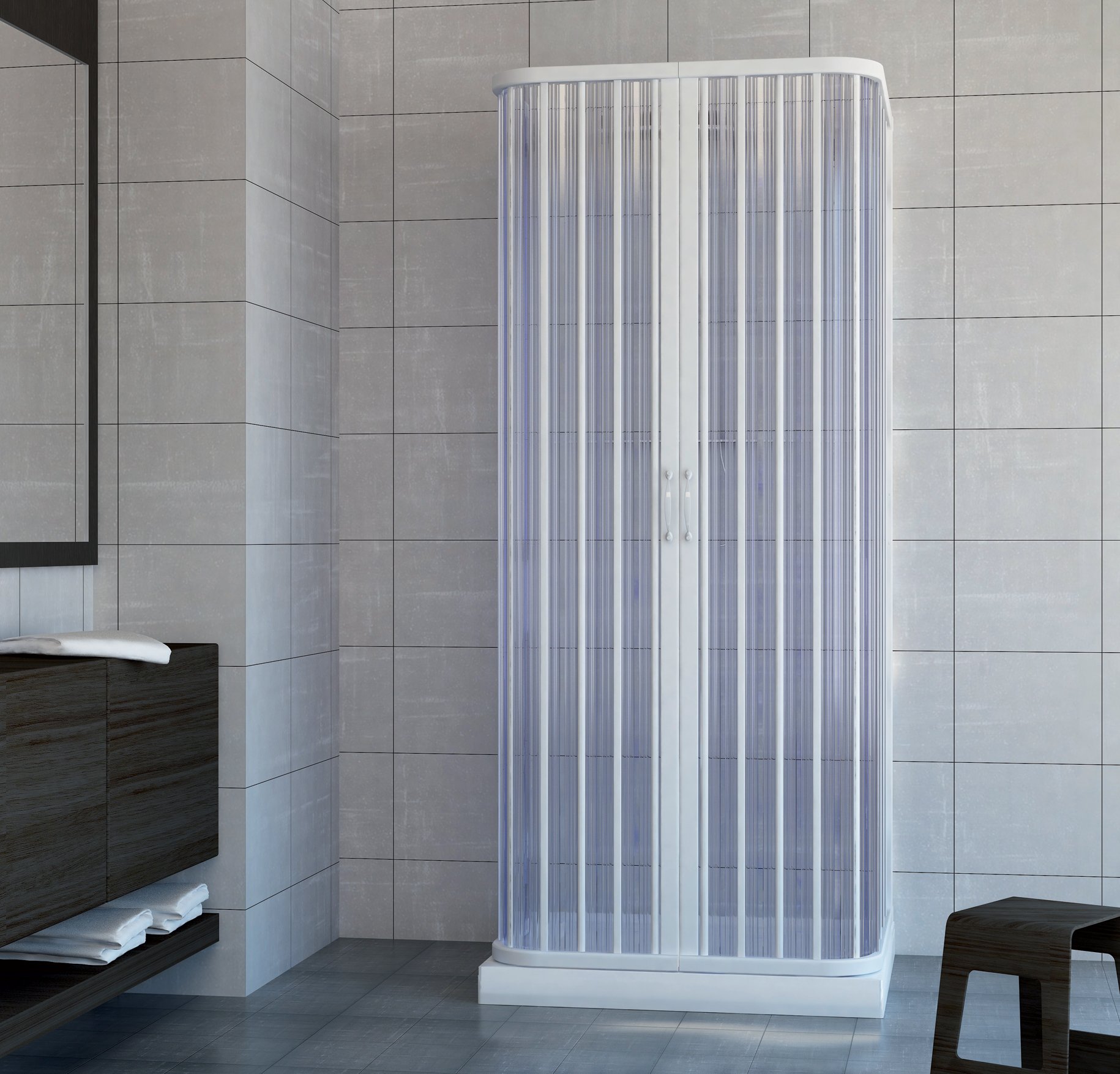 Rollplast BSAT2CONCC2808080 Box doccia a soffietto, dim. 80 x 80 x 80 x H 185 cm, in PVC, a tre lati, due ante, con apertura centrale., Bianco