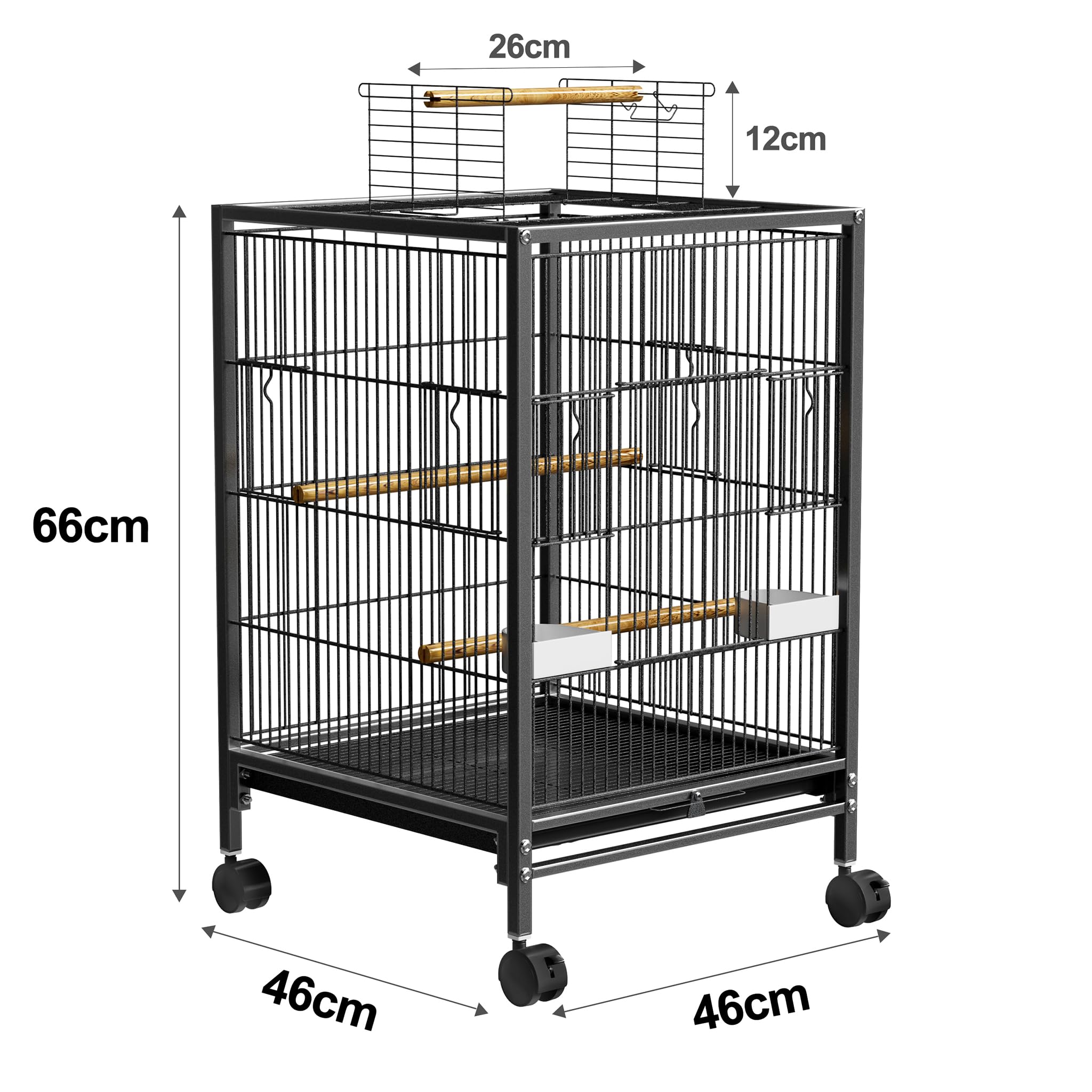 UISEBRT Jaula para pájaros con ruedas, barras de madera y comederos - Gran jaula para pájaros, voliera de madera, casa para pájaros, jaula de metal para pájaros para pinzones, canarios, periquitos