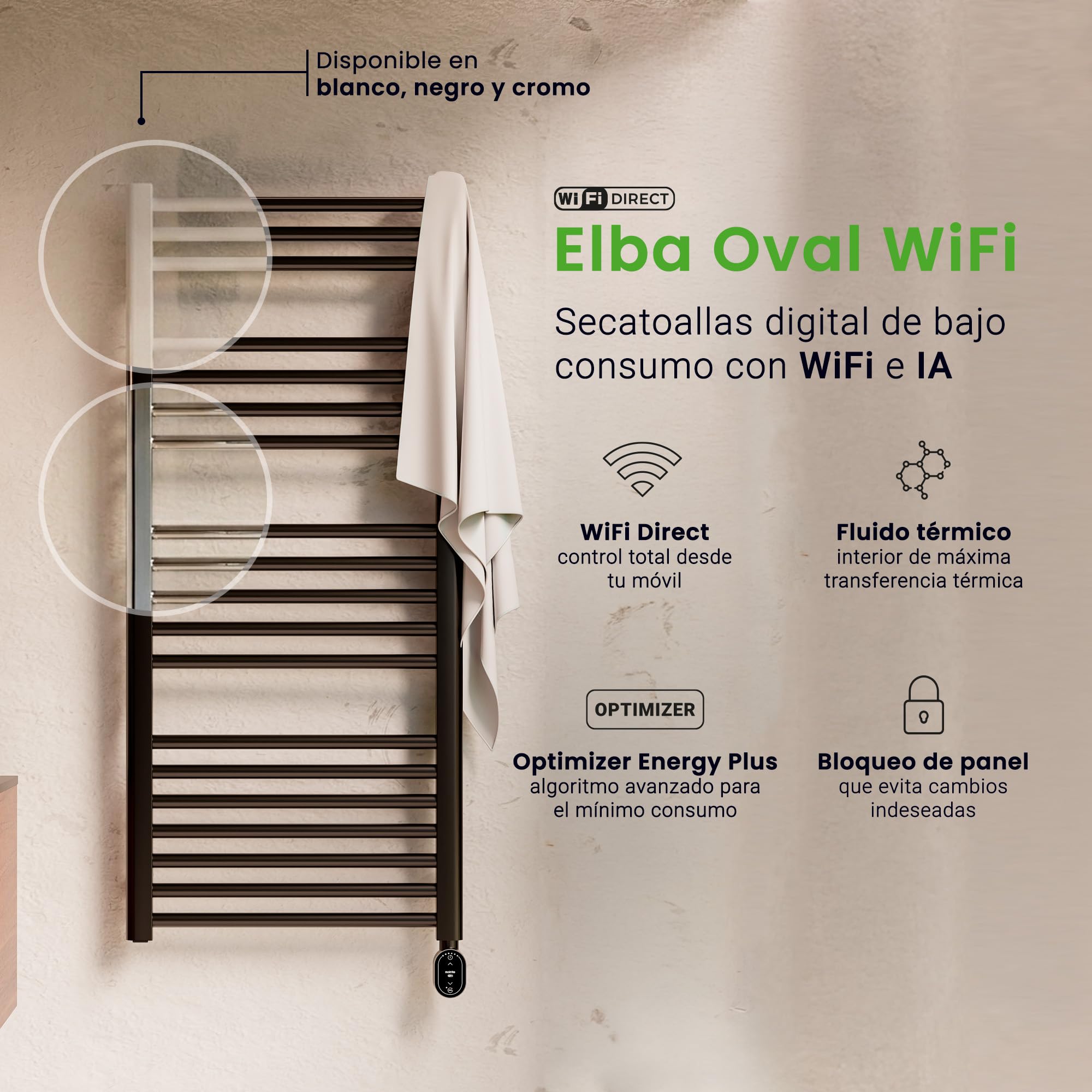 Elektryczny wieszak na ręczniki Rointe TELWN50N112 elba owalny wifi czarny 500w