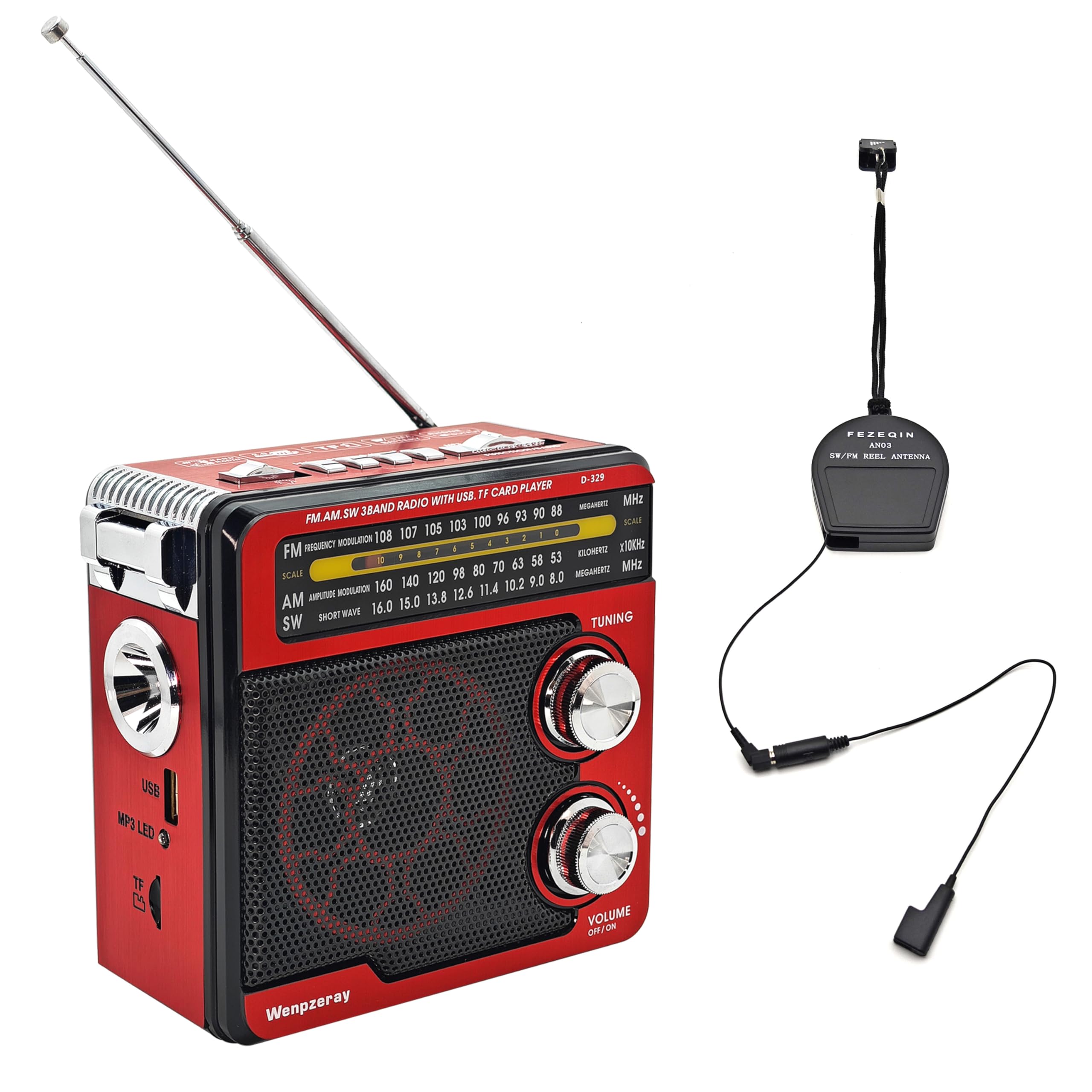 D329 AM FM SW Retro Receiver Portable Multi-Function BT Speaker Radio(Red) and AN03 Shortwave FM Reel Antenna Telescopic External Antenna Enhance Radio Signal Reception Suit for FM SW Radio Receiver
