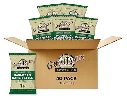 Great Lakes Potato Chip Co. Parmesan Ranch Kettle - Papas fritas cocidas, caja individual de tamaño aperitivo (paquete de 40, bolsas de 1.375 onzas)