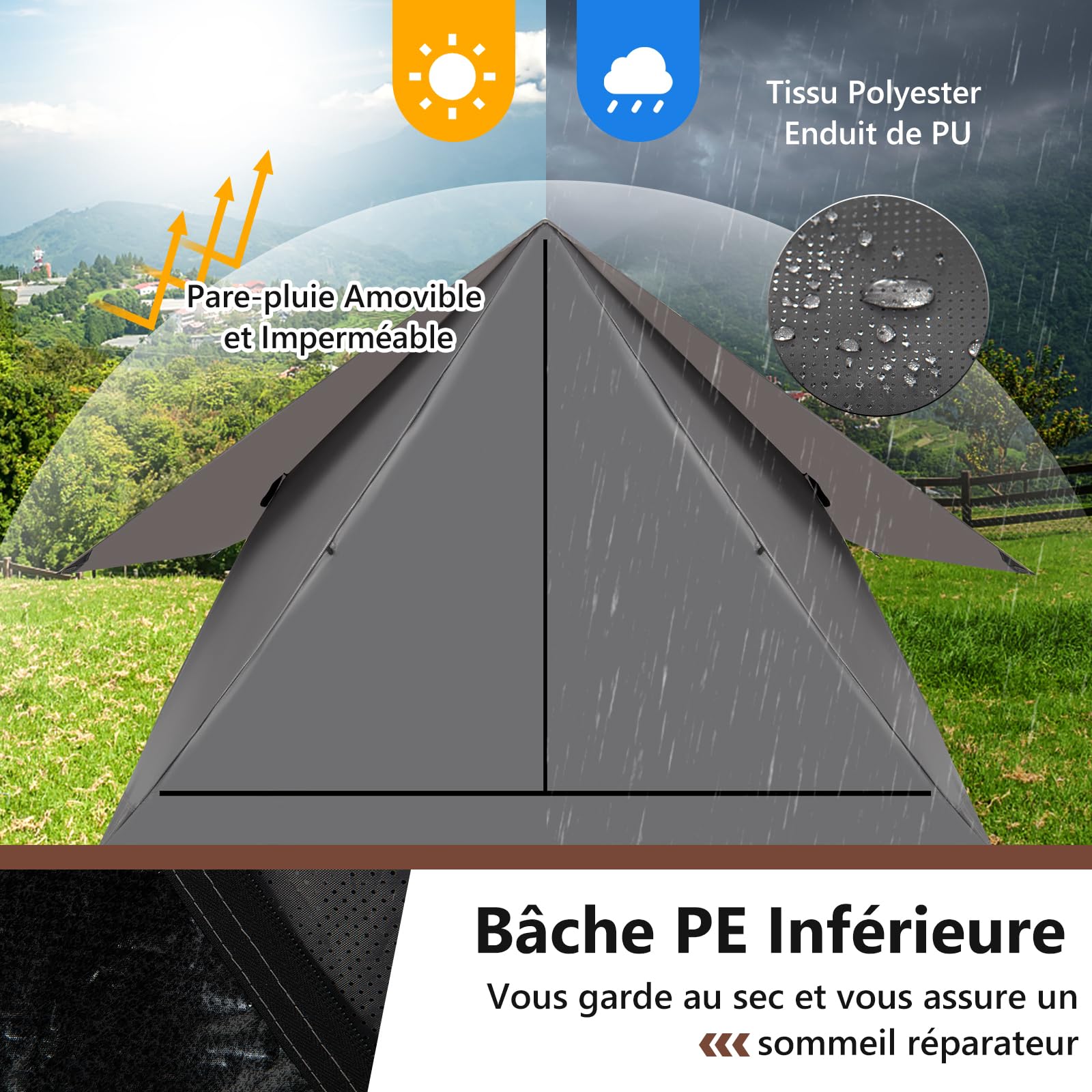 GOPLUS Tente de Camping pour 4-6 Personnes, Tente Familiale Tipi Chapiteaux, 3 Portes, 3 Fenêtres en Maille,Sac de Transport, pour Randonnée, Voyage
