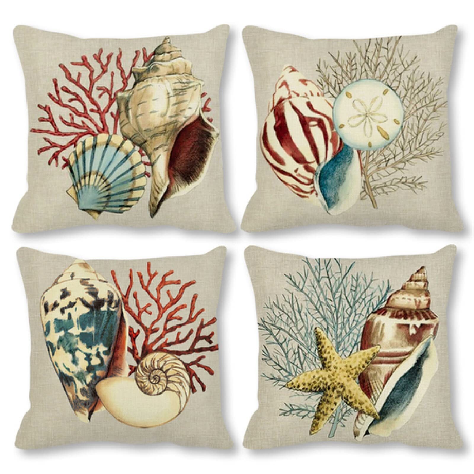 Concha Marina Cojines 60x60cm,Funda de Almohada de Moderna Decorativa Cojín Decorativo para Sofá,Decoración para Casa,Estampado por Ambos Lados Juego de 4 Exterior Cojines a577