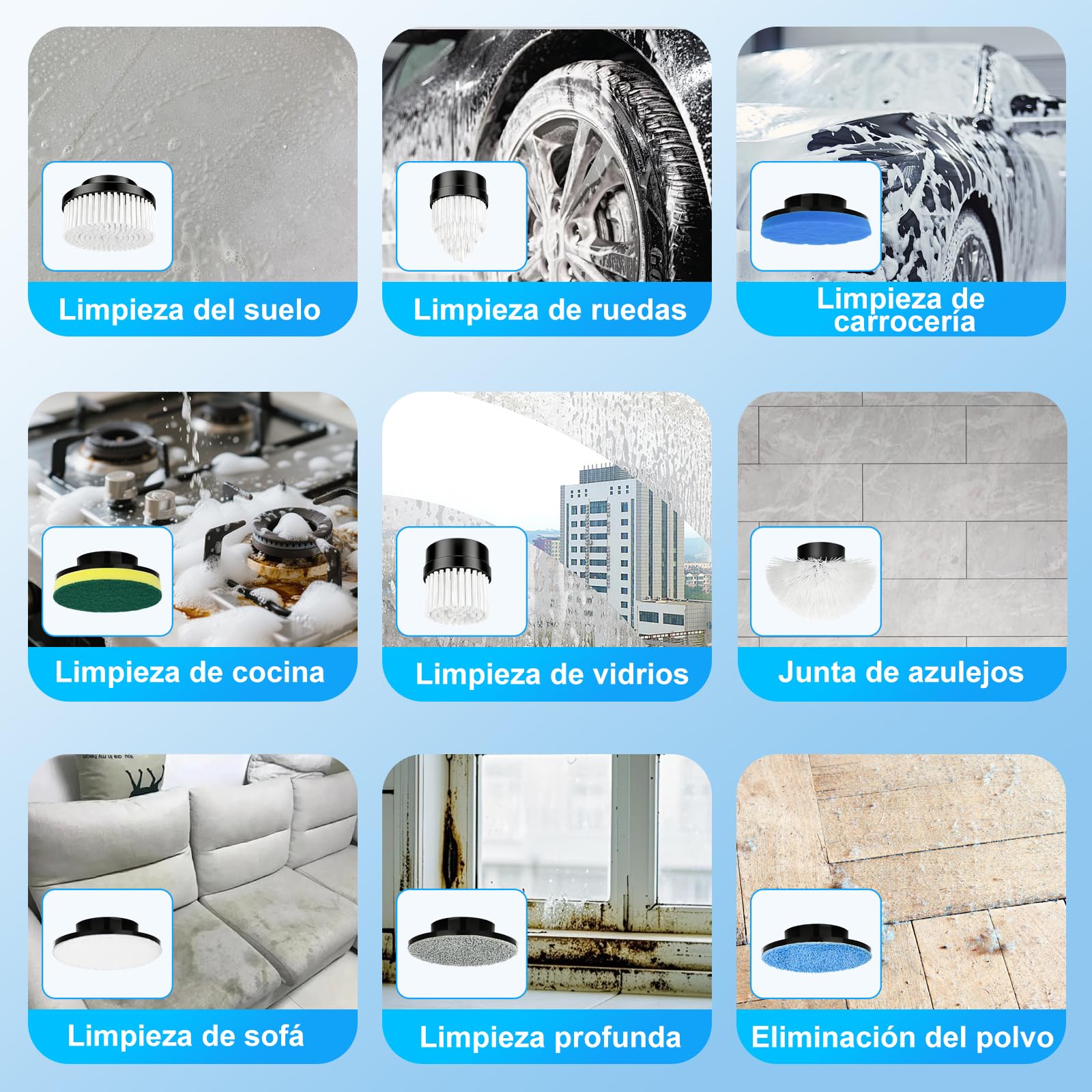 PATEMZON Cepillo Electrico Limpieza Hogar, Cepillo Limpieza Electrico-IPX7 con 9 Cabezales Reemplazables, Dos Velocidades Regulables y Mango Telescópico, para Baño, Cocina, Coche, Azulejos