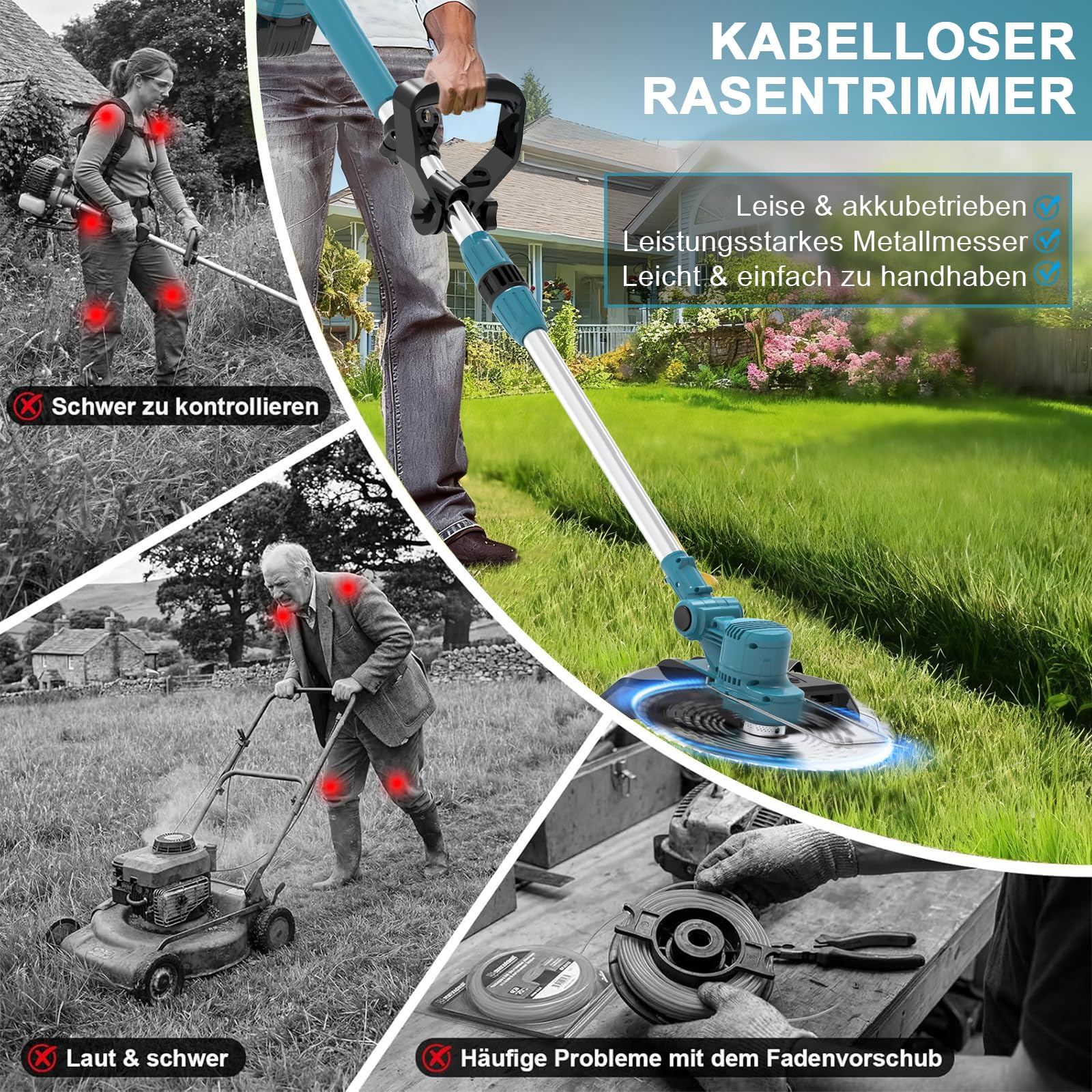 Rasentrimmer für Makita-Akkus mit 4 Klingentypen, Rasentrimmer mit Akku 2 4,0Ah und Unkrautbürste, 4-in-1 Akku Freischneider-Rasenkantenschneider für Garten Trimming, 180° Faltbar, 90° Trimmwinkel