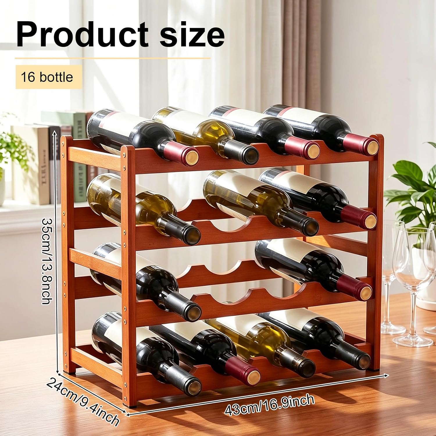 Bamboo Wine Rack, Sturdy and Durable Countertop Wine Storage Cabinet Shelf for Pantry, 4 Tiers 16 Bottle Wine Racks Wine Bottle Holder for Basement, Kitchen, Countertop