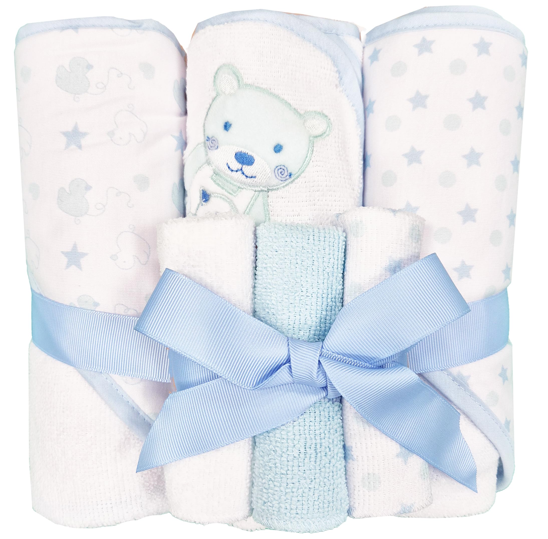 Baby Hooded Towel & Flannel Set 6 Pc Wash Cloths Soft Absorbent (Blue Bear)