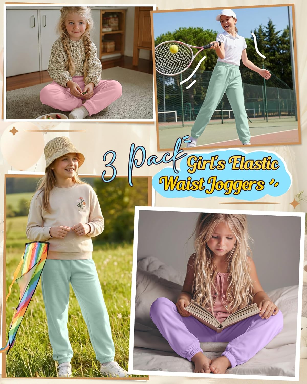 3 Pack Girl's Lounge Joggers Soft Lightweight Sweatpants Elastic Waist Jogger Pants Active Pants with Pockets - Image 2