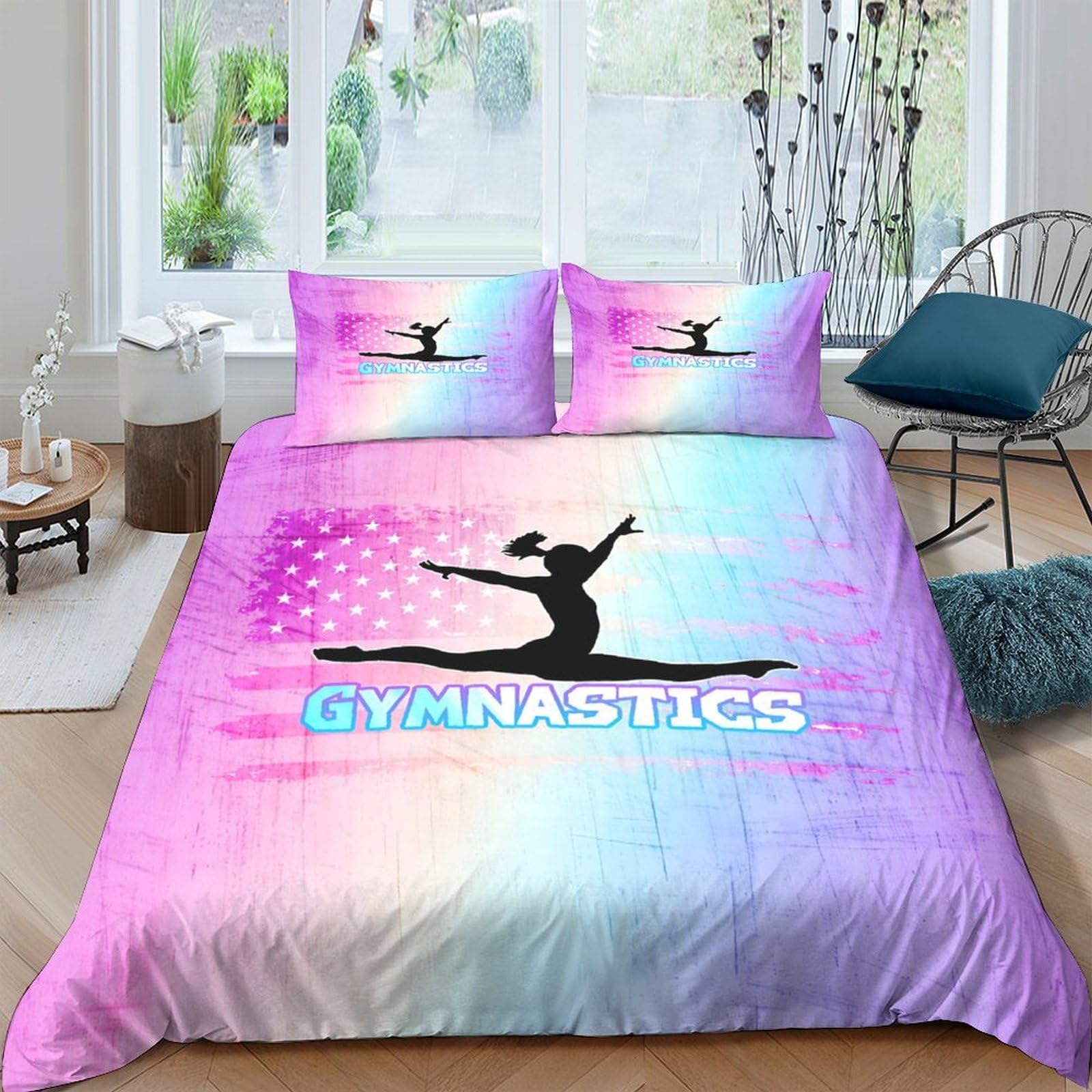 Ctjqhvkz Style-10 3D Printed Gymnastics Silhouette Fitted Sheet Microfiber Gradient Purple Blue Bed Sheet Non Slip Machine Washable For Bedroom Dorm Single（135X200cm）