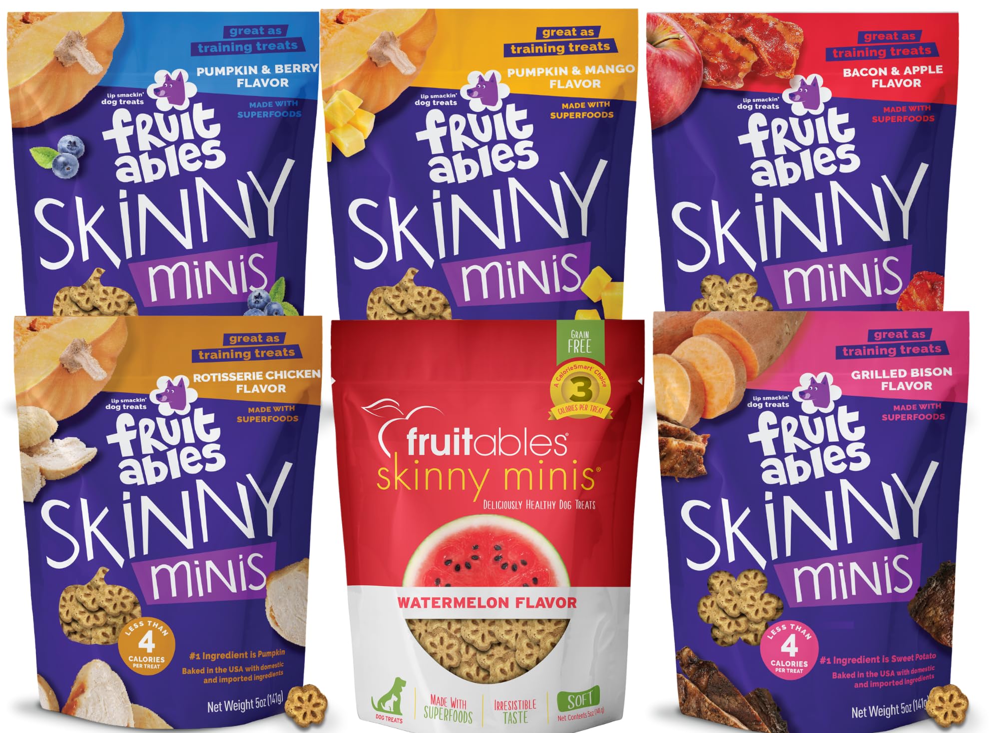 Fruitables Soft and Chewy Skinny Minis Grain Free Dog Training Treats Variety Pack of 6-1 of Each Flavor