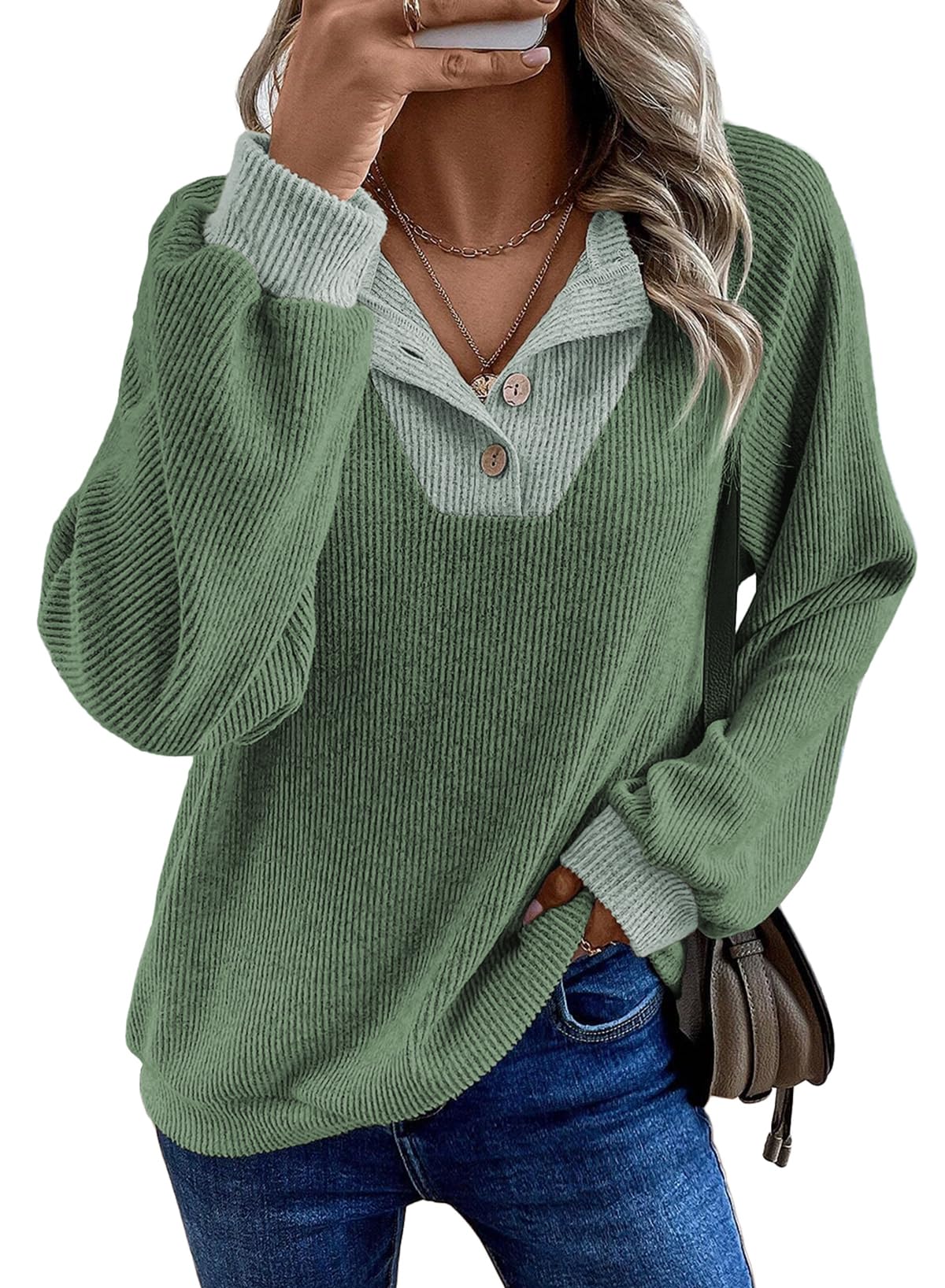 Dokotoo Damen Pullover V-Ausschnitt Knopfleiste Strickpullover Langarm Patchwork Henley Shirt Casual Geripptes Sweatshirt Herbst Winter Locker Oberteile Pulli Sweater S-2XL