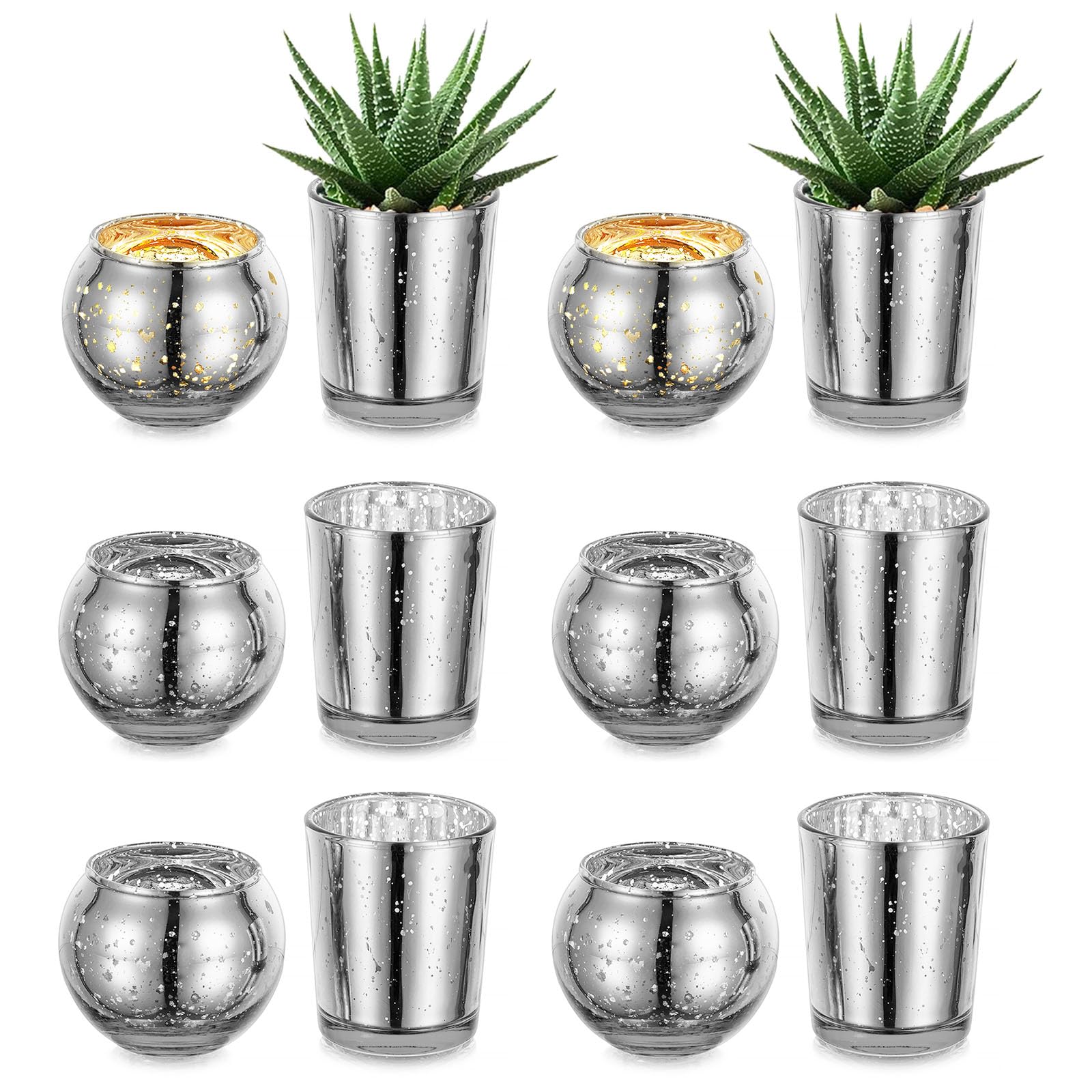 Inweder Portavelas Votivas de Plata para Velas de Té: Juego de 12 Candeleros de Vidrio Portavelas Luz de Té Mercurio para Decoración Boda Fiesta Centros de Mesa Navidad