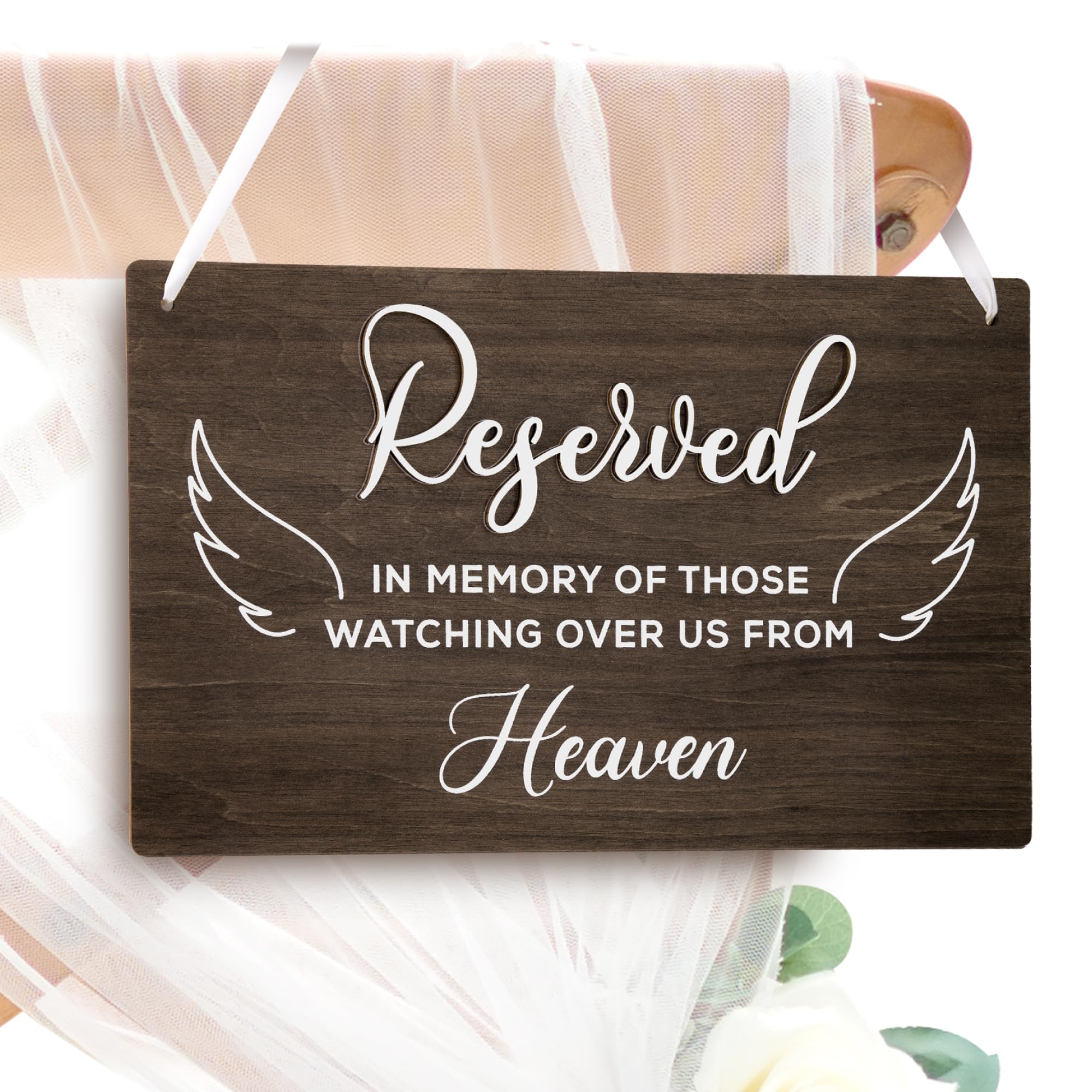 STOFINITY 'Reserved Seating Signs Wedding Heaven' - Reserved Memorial Wedding Chair, Holzschild für Hochzeitszeremonie, Sitzbanner, Gedächtnis | Holz, 30,5 x 18,3 x 0,8 cm, vormontiertes Band, hängt am Stuhl, Gedenkdekoration, Hochzeitszeremonie