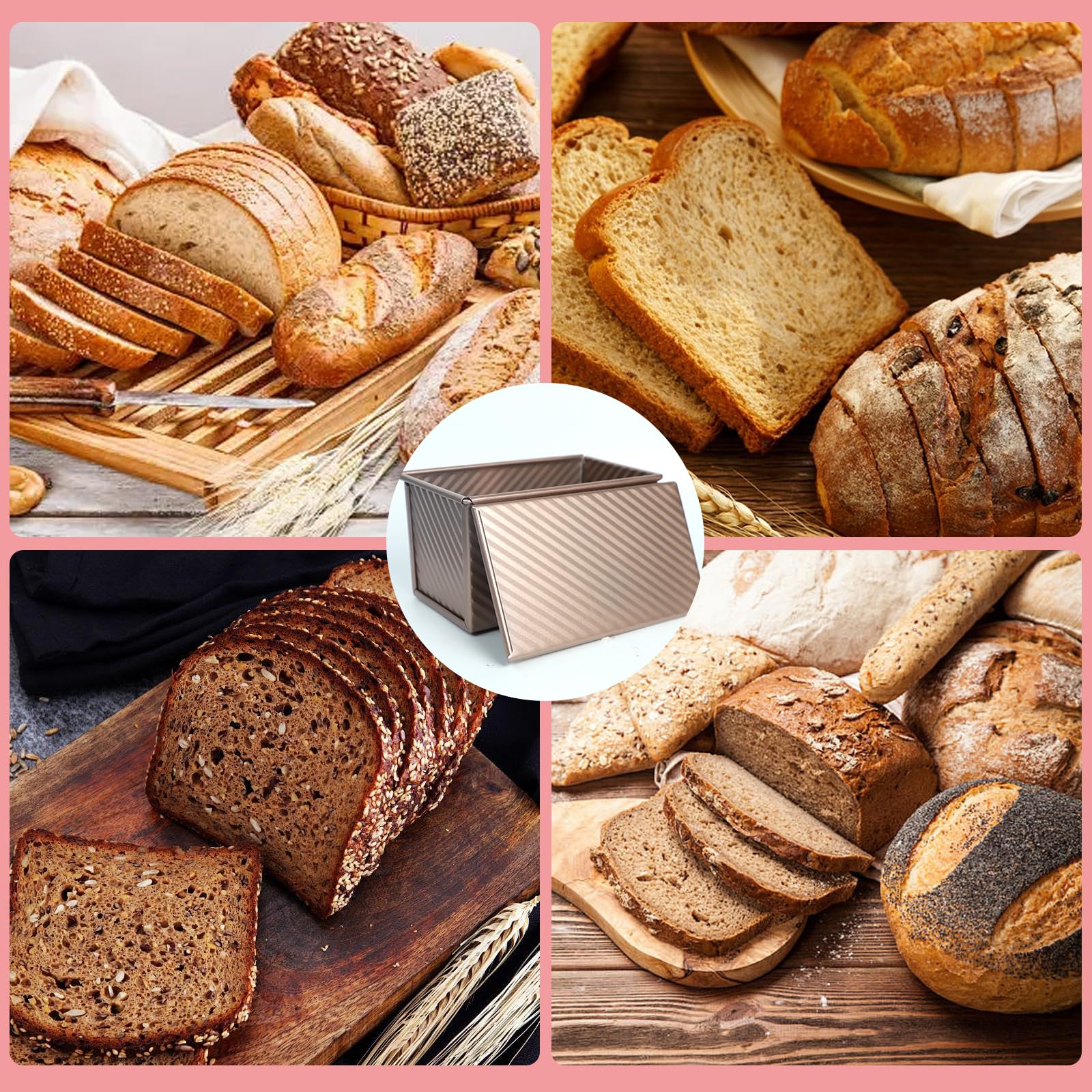 Stampo Per Pane in Cassetta con Coperchio, 21 x 12 x 11,5 CM Stampo Per Pane Toast Ondulato, Antiaderente Stampi per Plumcake 450g Pasta, Stampi Pane Acciaio al Carbonio, Oro Rosa