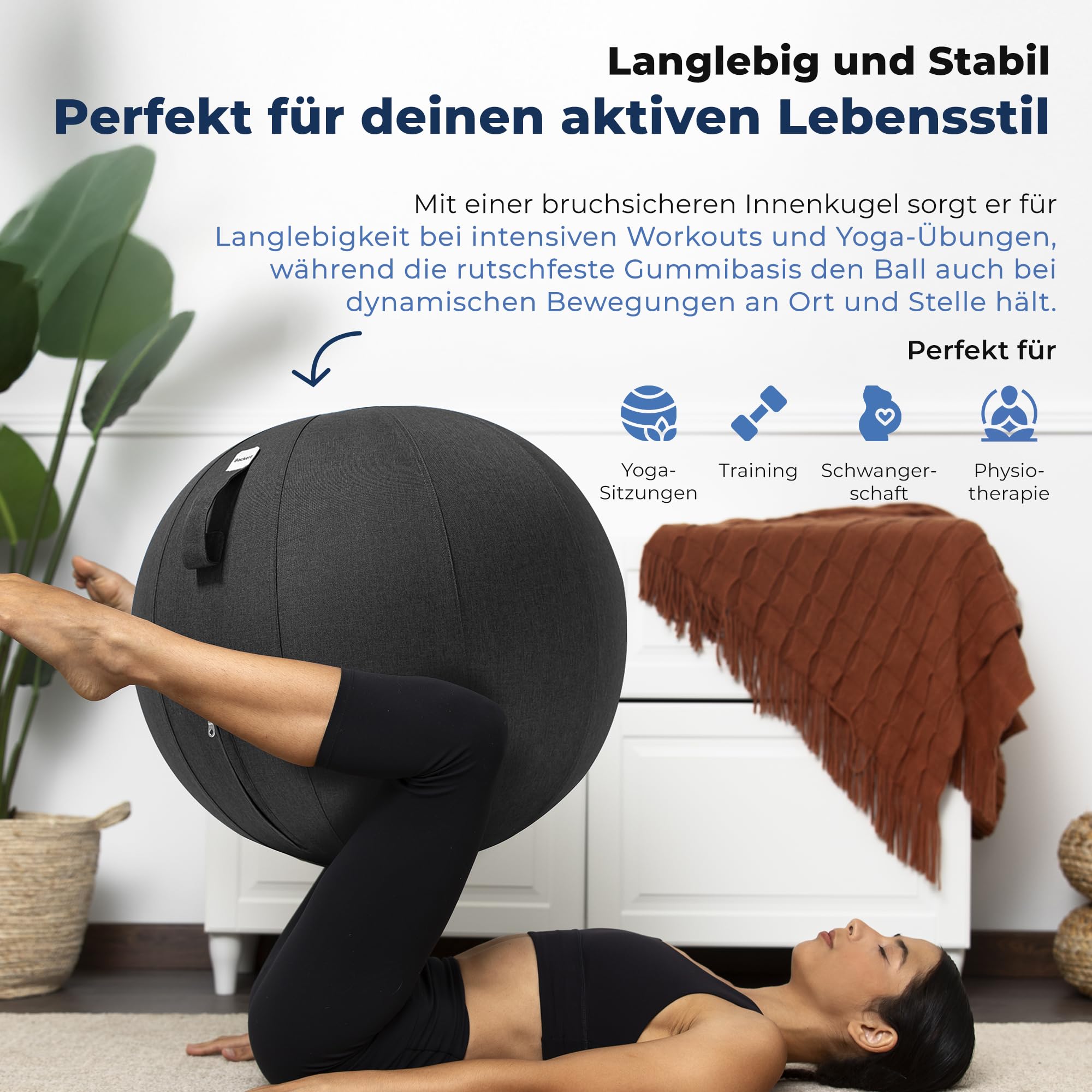 Backerz Sitzball Büro Ergonomisch 75 cm, Ergonomische Sitzmöbel für Büro und Heimbüro, Langlebiger Stoff, Gymnastikball - Fitness-Ball, Ballstuhl mit Ballauflage - Waschbarer Leinenbezug - Hellgrau