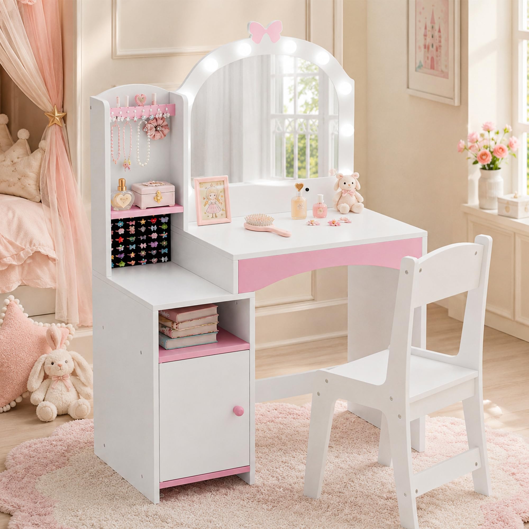 Xilingol Kids Vanity Set,Dressing Table with Mirror and Chair,Wooden Makeup Desk with Hooks & Storage Shelves,Pretend Make-Up Set For Girls Bedroom or Playroom, White