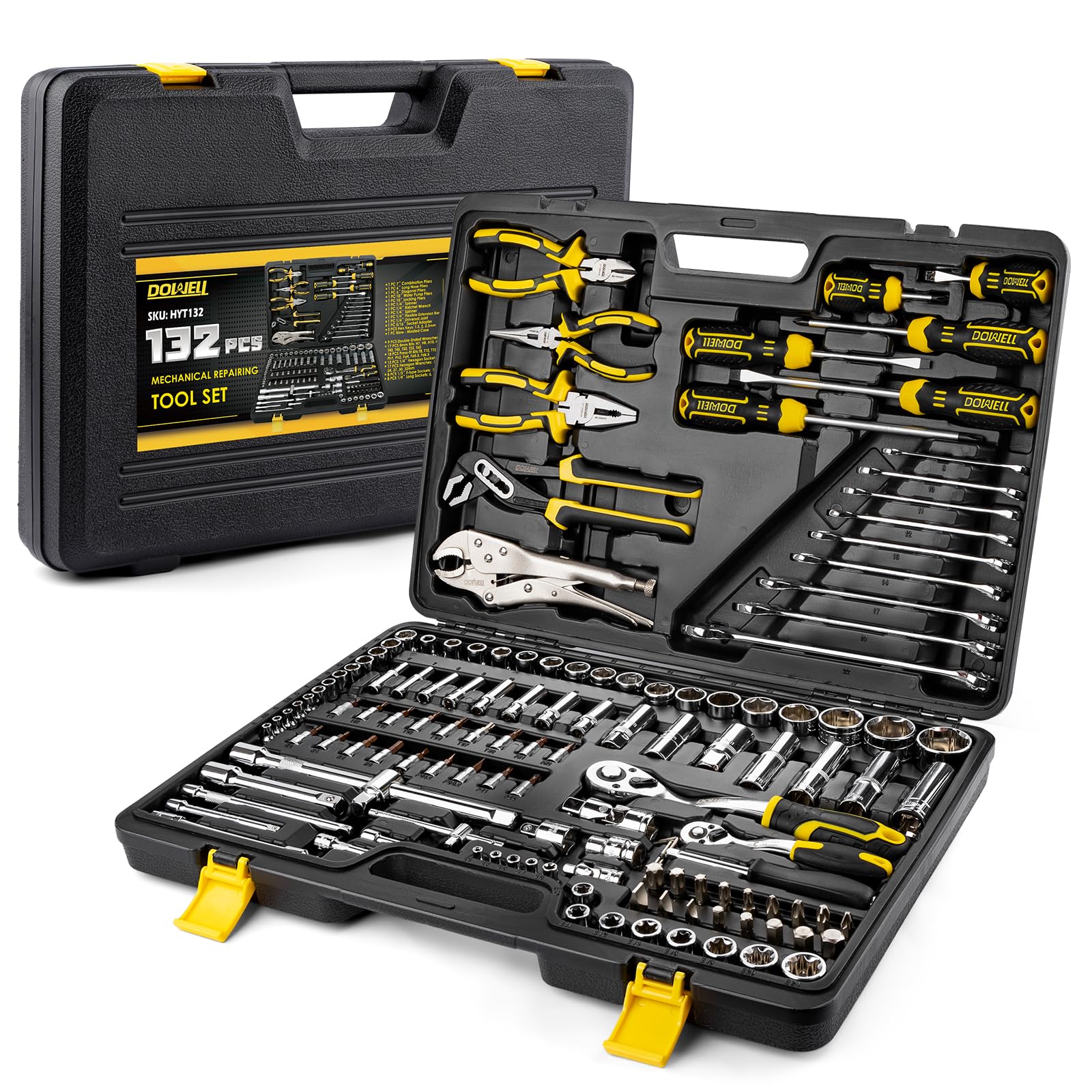 DOWELL Juego de herramientas de 132 piezas, kit de herramientas manuales profesionales para mecánicos de automóviles, todo en uno para reparaciones de autos, motocicletas, motores y garajes con