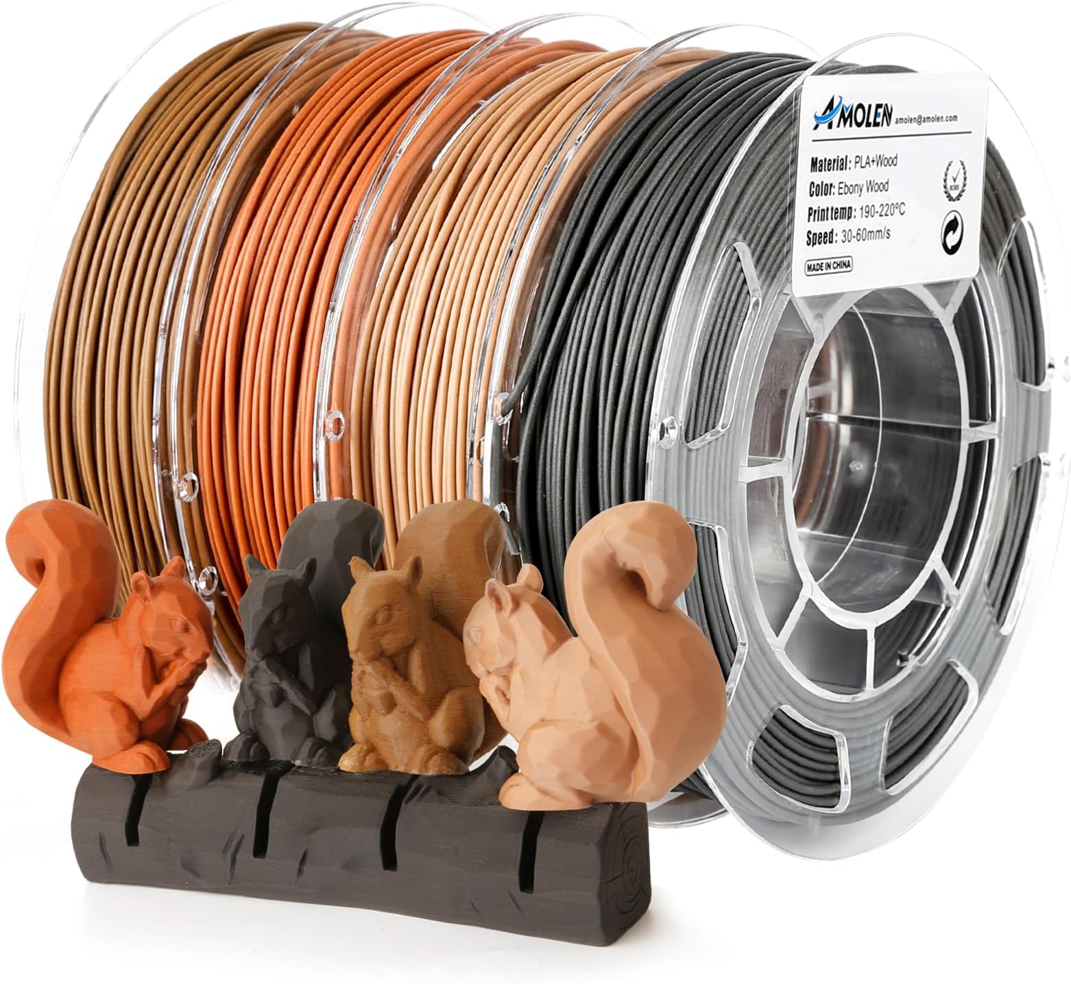AMOLEN Wood PLA Filament Bundle 3D Printer Filament Wood Sets,Walnut,Cherry,Bamboo,Ebony,3D Printing Filament,PLA Filament 1.75mm,200g*4 Spools