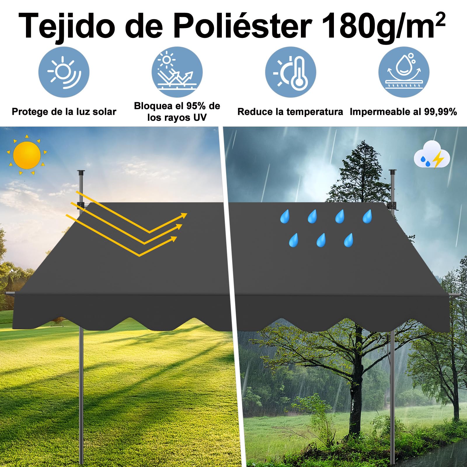 AXT SHADE Toldo Manual Retráctil Enrollable para Balcón 300x180cm con Altura Ajustable Manivela y Resistente a Rayos UV, Protección Solar para Exterior Terraza-Antracita