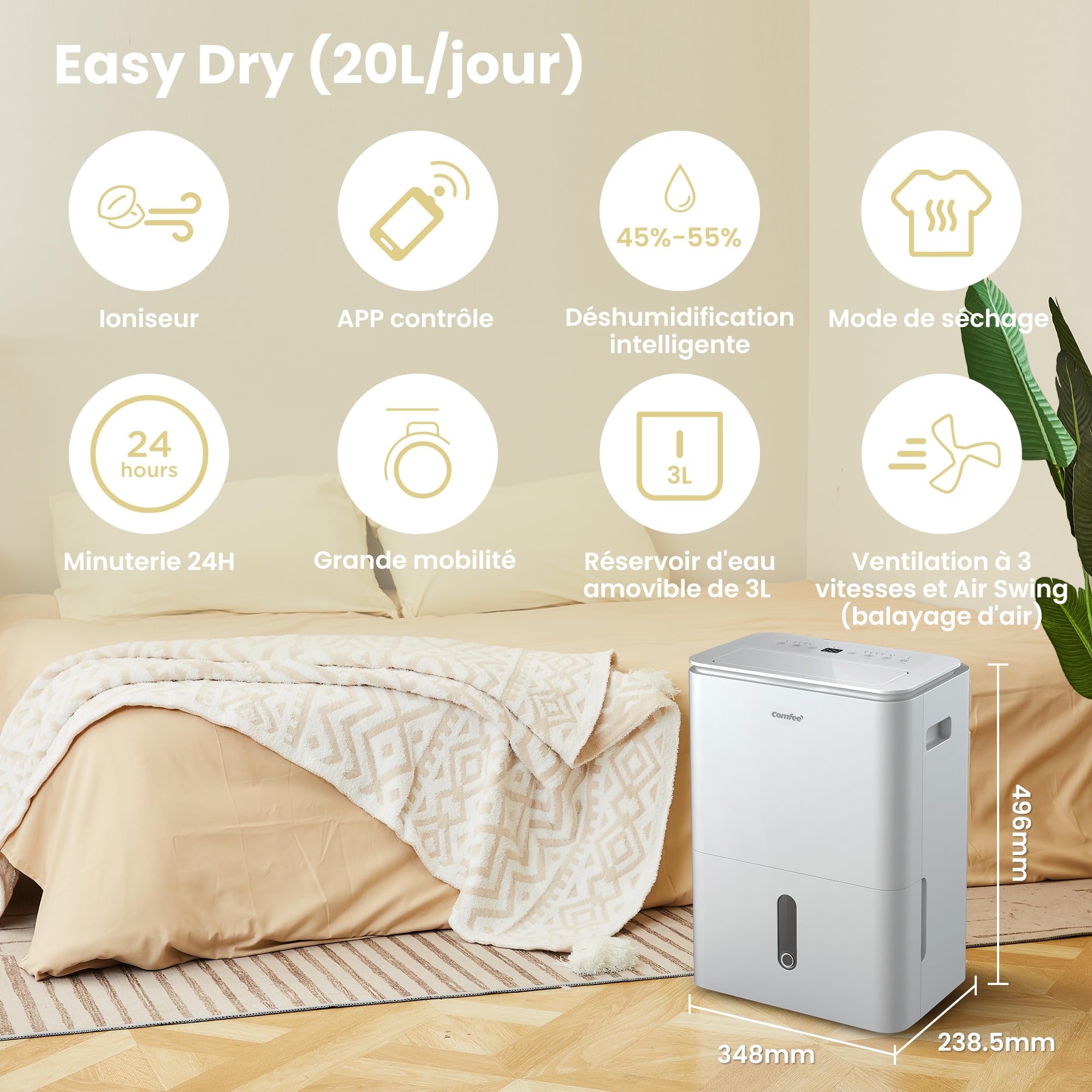 COMFEE' Déshumidificateur Easy Dry 20L/jour, 4 Modes, Deshumidificateur d'air Connecté, Réservoire 3L, Sèche-Linge, Fonction Swing, Pour pièce de 40㎡/100m