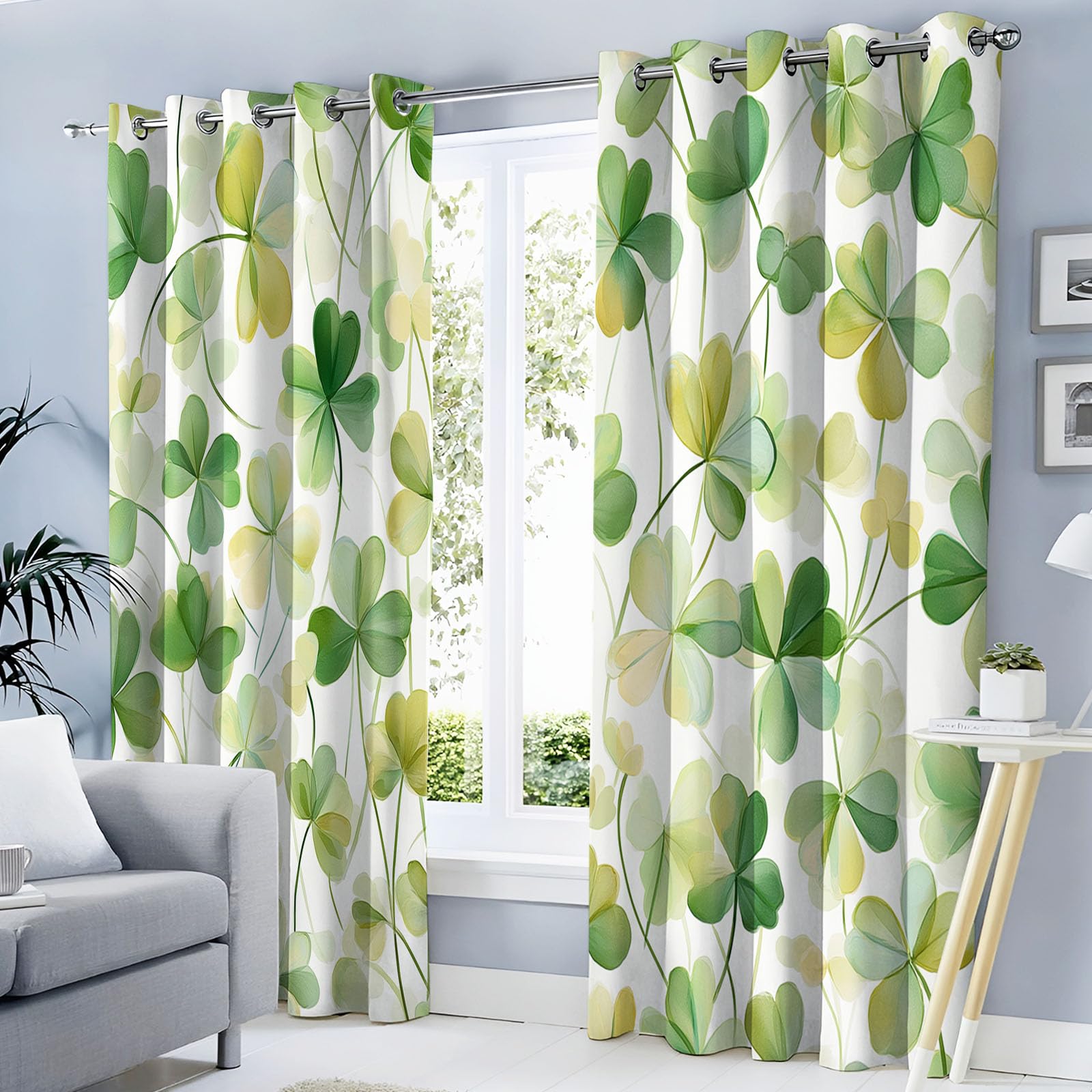 MLSOWM Watercolor Clover Blackout Curtains, Rustic Style Thermal Eyelet Curtains for Living Room Bedroom Window, Grass Green, 2 Panels, W 66" x L 54"