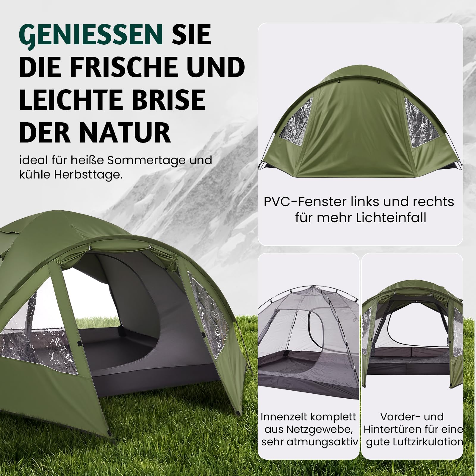 Camping Zelt 4 Personen mit Vorzelt Familienzelt Wasserdicht PU4000 UV-Schutz, Ultraleicht Campingzelt doppelwandig Vorraum Kuppelzelt mit Lüftungshutzen, Moskitonetz für Outdoor, Reise, Angeln