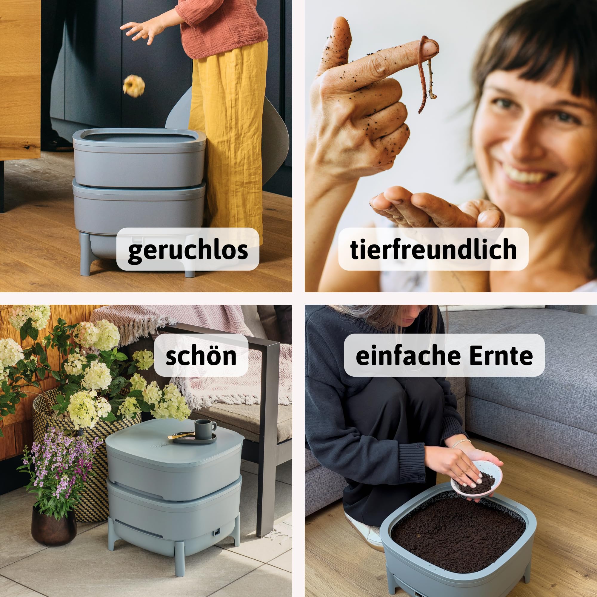 Wurmbox Komposter grau 3 Etagen | Wurmkomposter Starterset inkl. 500 Kompostwürmer