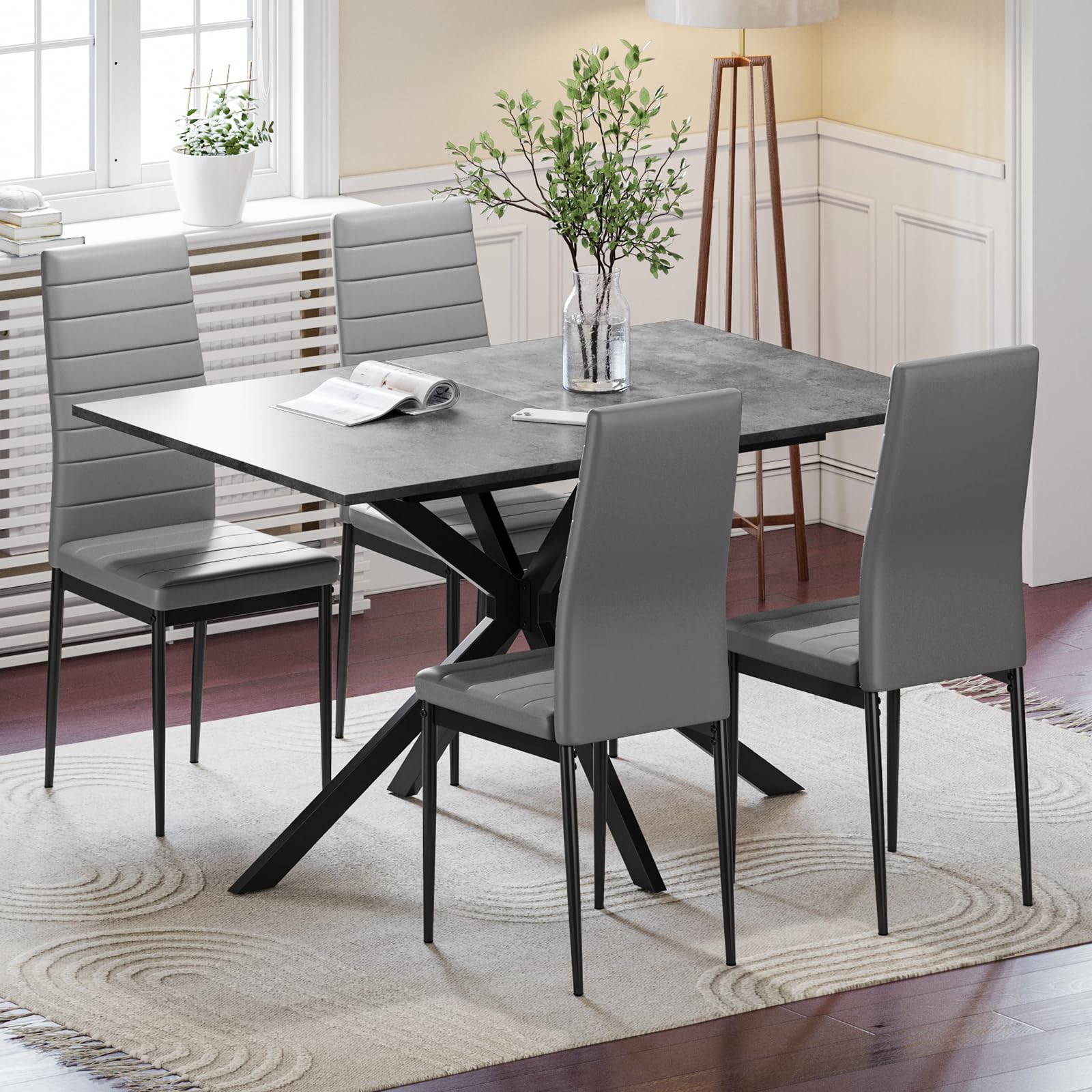 Luxstein Extendable Dining Table and Chairs Set 4, 120-160cm Concrete Effect Table with 4 Grey High Back Faux Leather Chairs for Dining Room, Kitchen