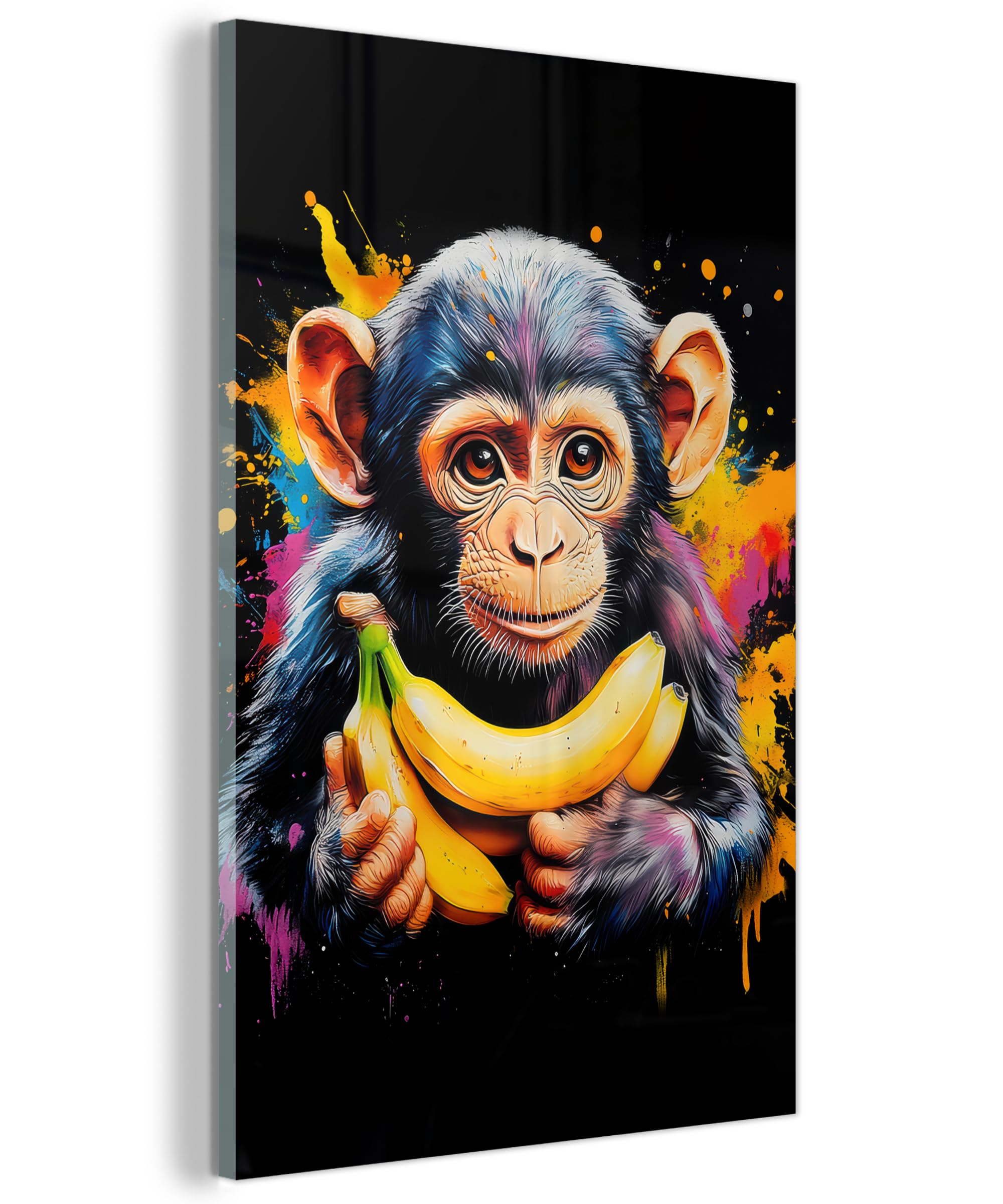 MuchoWow© Bild auf Glas 40x60 cm Schlafzimmer Bilder Badezimmer Wand Deko Wohnzimmer Modern Wanddeko Bilderwand Geschenk Affe - Graffiti - Bunt - Bananen - Modern