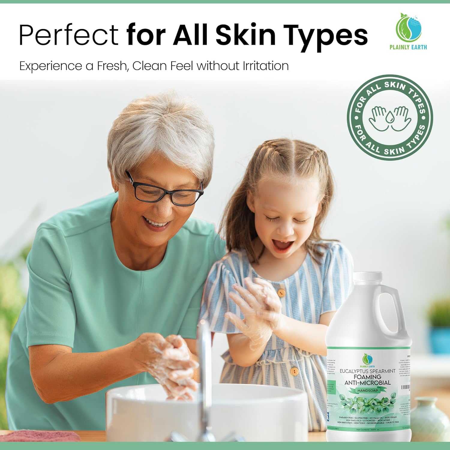 AntiMicrobial Hand Soap 64 oz - Eucalyptus Spearmint Gentle Foaming Liquid Hand Soap Refill Antibacterial - Moisturizing, Long Lasting Freshness & Safe for Skin