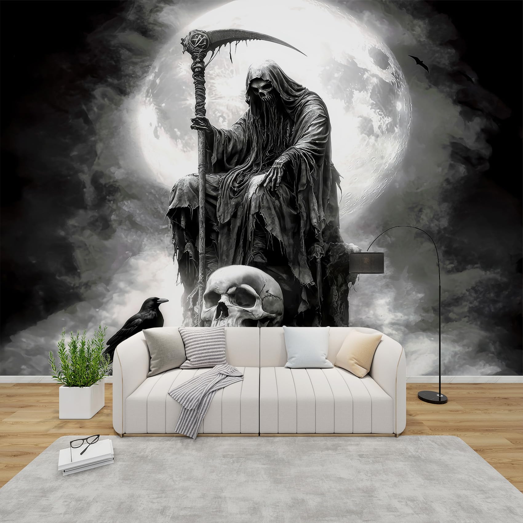 QEODAH Gothic Wallpaper for Living Room, Grim Reaper Wall Art for Bedroom, Goth Crow Skull Wall Mural, Renter Friendly Removable Waterproof Non-Woven Photo Wallpaper 3D, 200x140 cm