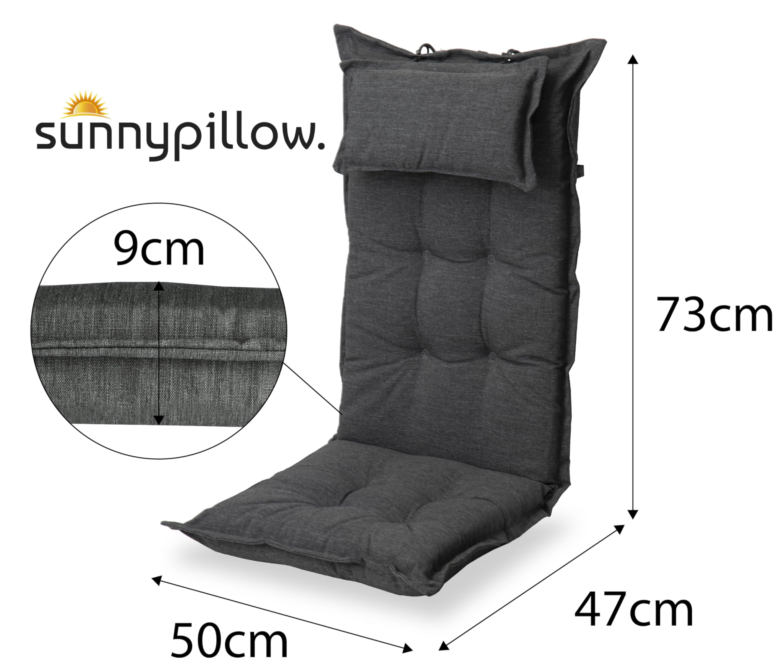 sunnypillow Set di 2 Cuscini per Sedia da Giardino con Schienale Alto - 120 x 50 Spesso 9 cm - per Interni ed Esterni - con Poggiatesta Rimovibile, Impermeabile e Resistente ai Raggi UV - Antracite