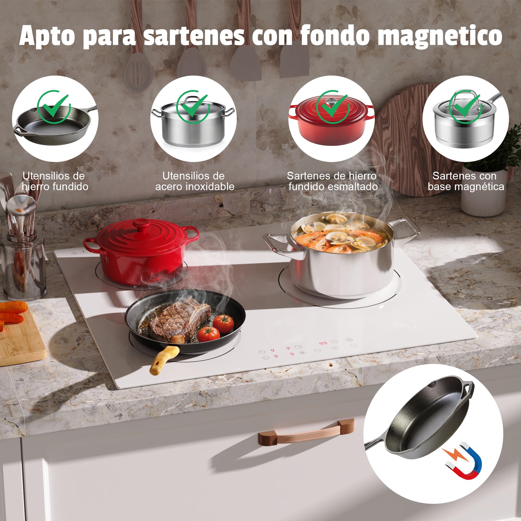 60cm Placa Induccion Blanca 3 Fuegos con Boost, Enchufe, 3500W