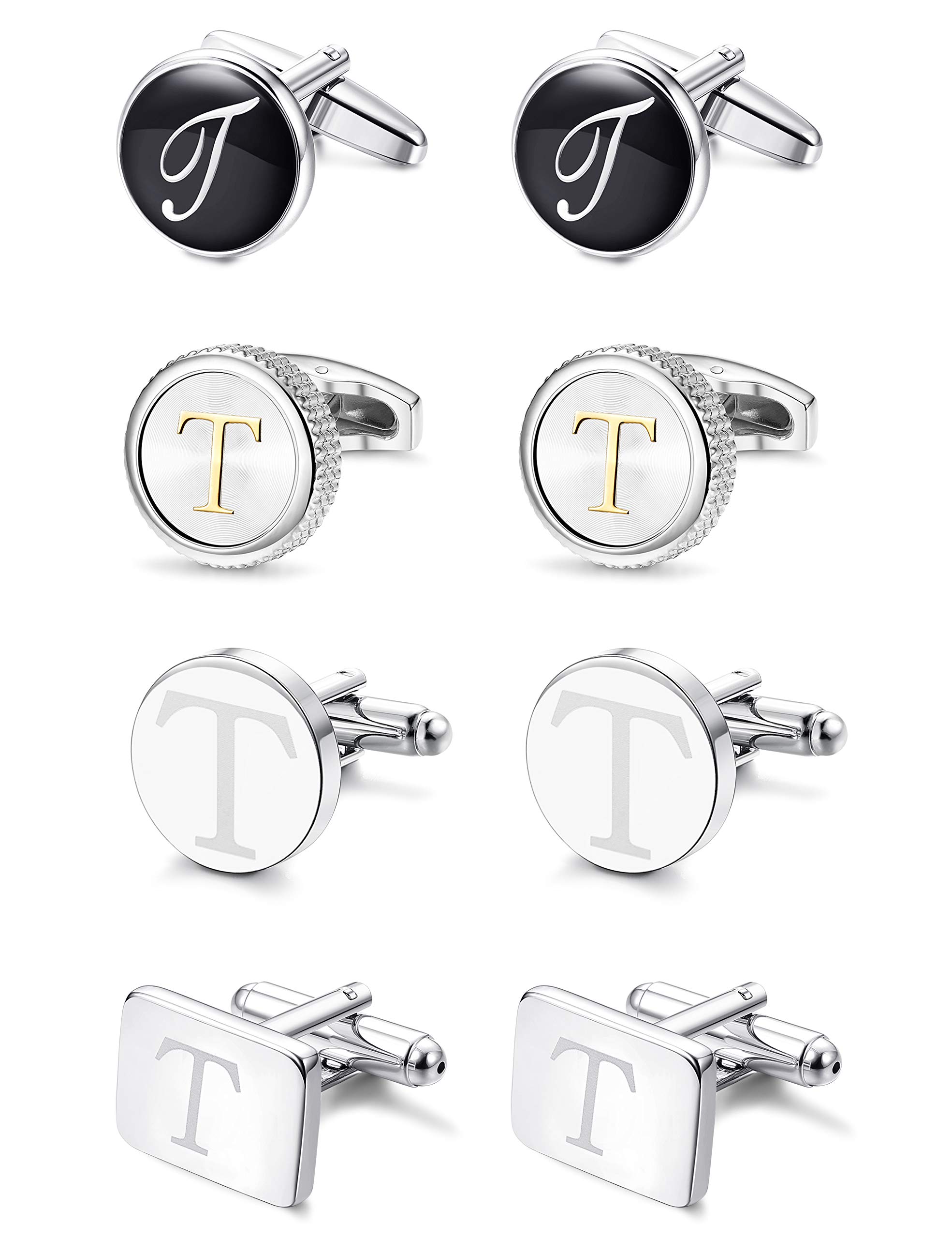 LOYALLOOK 4Pairs Men's Initial Letter T Shirts Cufflinks Engraved Shirt Cufflink Alphabet Set Fashion Dazzle Tuxedo Cufflinks Business Wedding Father's DayGift