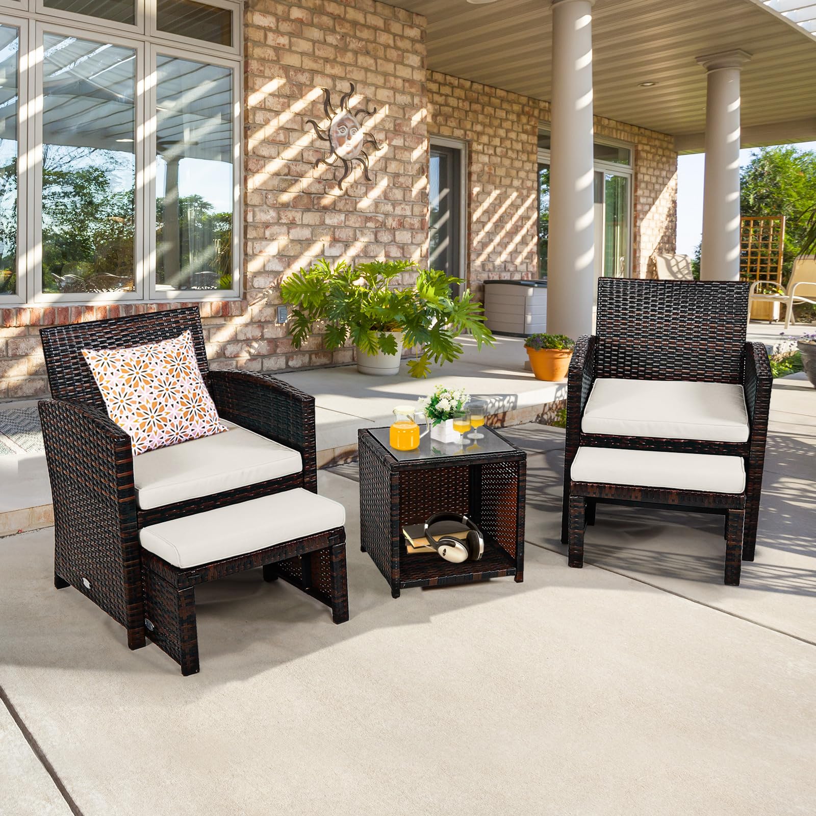 GIANTEX Salotto da Giardino in Rattan, Set da 2 Poltrone e 2 Poggiapiedi e 1 Tavolino da Caffè, Carico Massimo per Sedia 160 kg, Carico del Tavolo 30 kg, 2 Colori (Bianco)