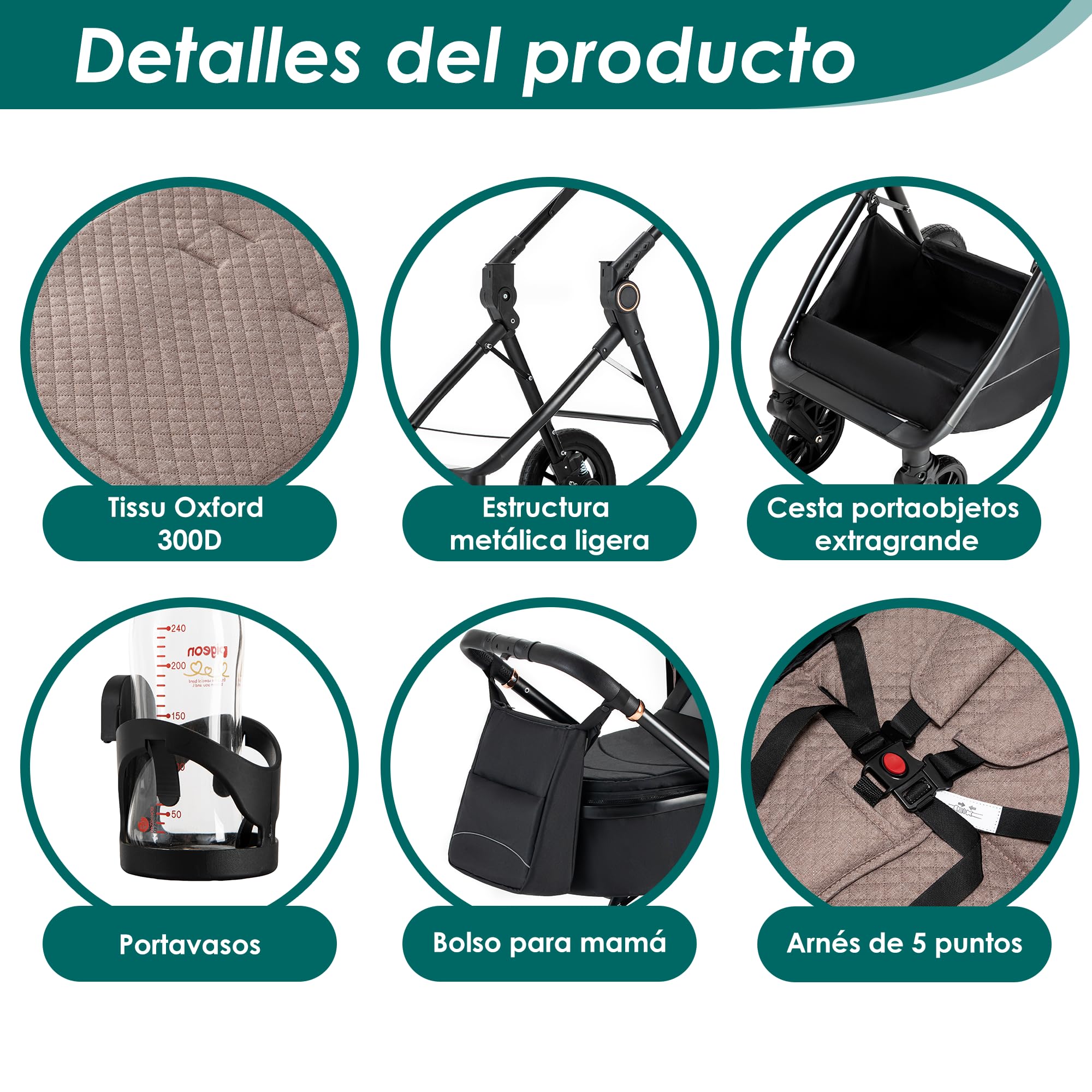 Carrito bebé 3 en 1, 0-3 años, Máx. 22 kg, Cochecito para Bebé 3 Piezas con Estructura Metálica Ligera, Compacto y Reclinable Silla de Paseo, con i-Size Silla Coche Bebe, Beige