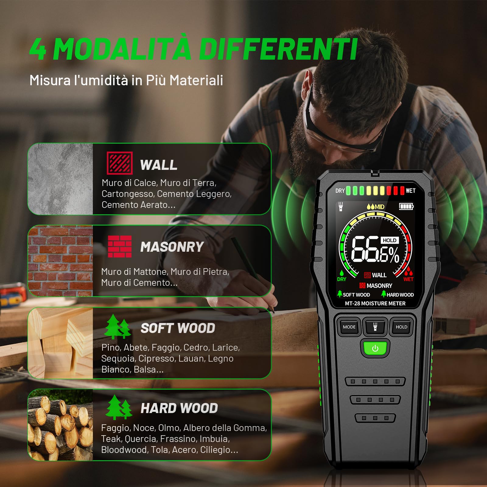 Misuratore e Rilevatore Umidità per Muri, Legno e Materiali da Costruzione, non Distruttivo con Display LCD e Allarme Sonoro