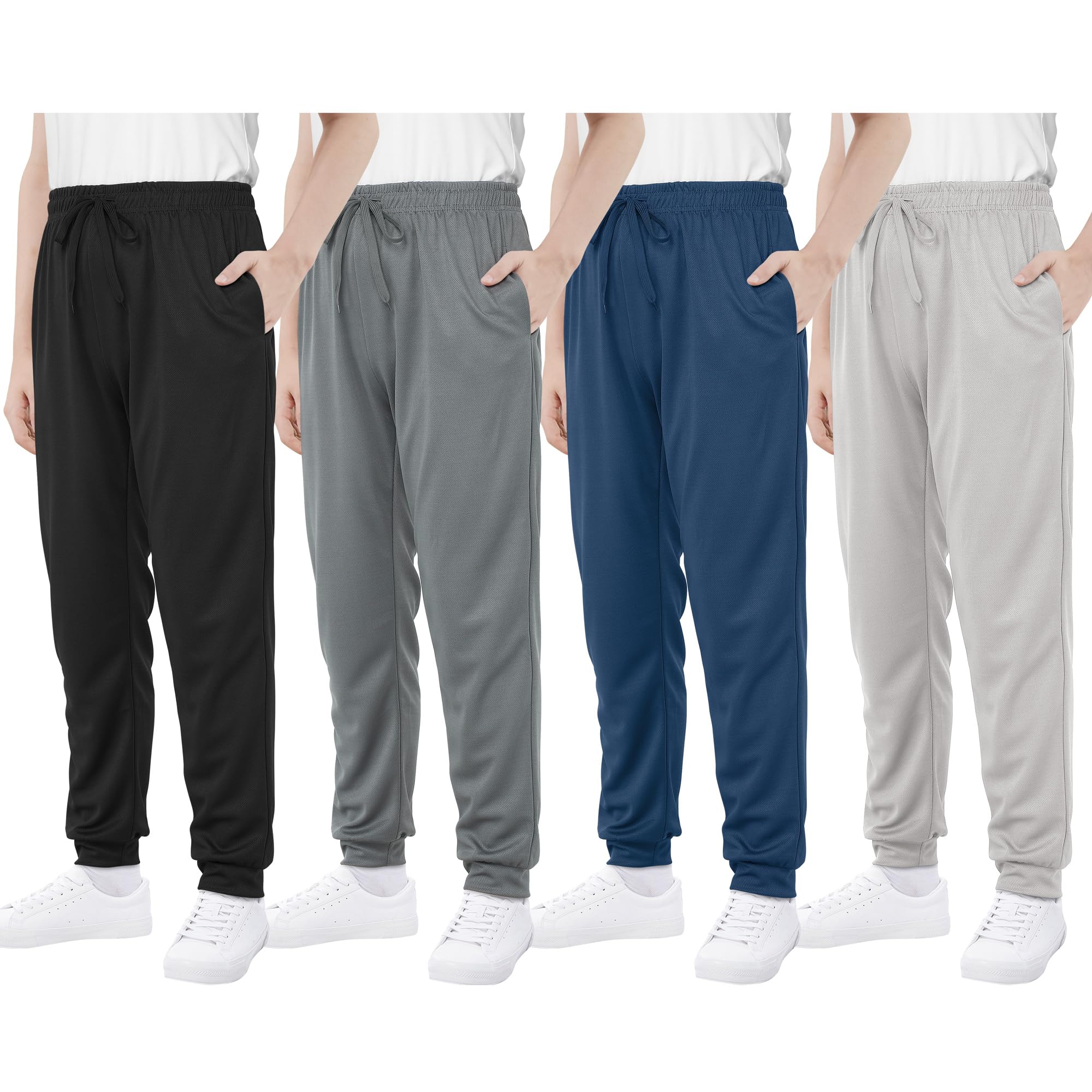 4 Packs Boys' Mesh Athletic Pants Kids Active Lightweight Sweatpants Casual Jogger Pants with Pockets Drawstring