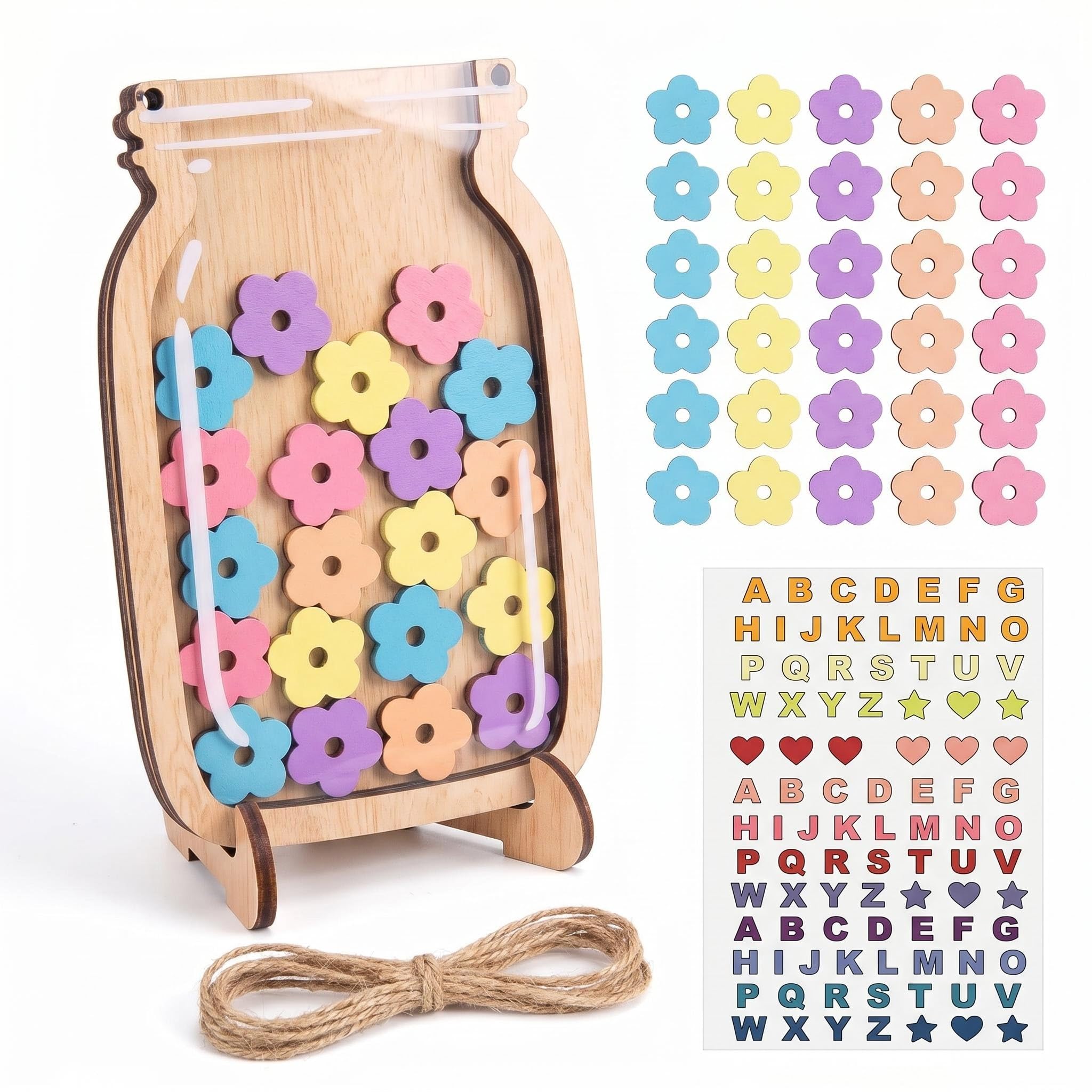 Flower Theme Wooden Reward Jar with 30 Flower Tokens, Behavior Chart for Kids, Good Habits & Chore Tracker for Bedtime, Homework, Classroom, Teachers, Home Training for Boys and Girls