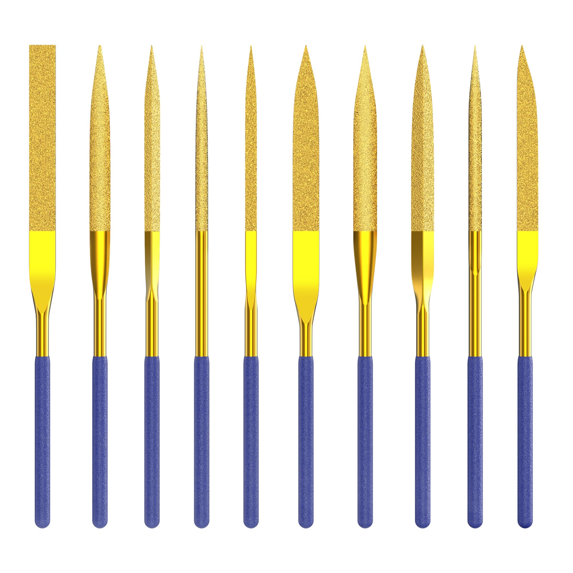 HUHAO 10-Piece Mini Diamond Needle File Set 4x160mm Small Metal Riffler Files Jewelers File Precision Hand Tools for Metal Glass Wood Stone Jewelry - Round Triangular Square Flat Shape