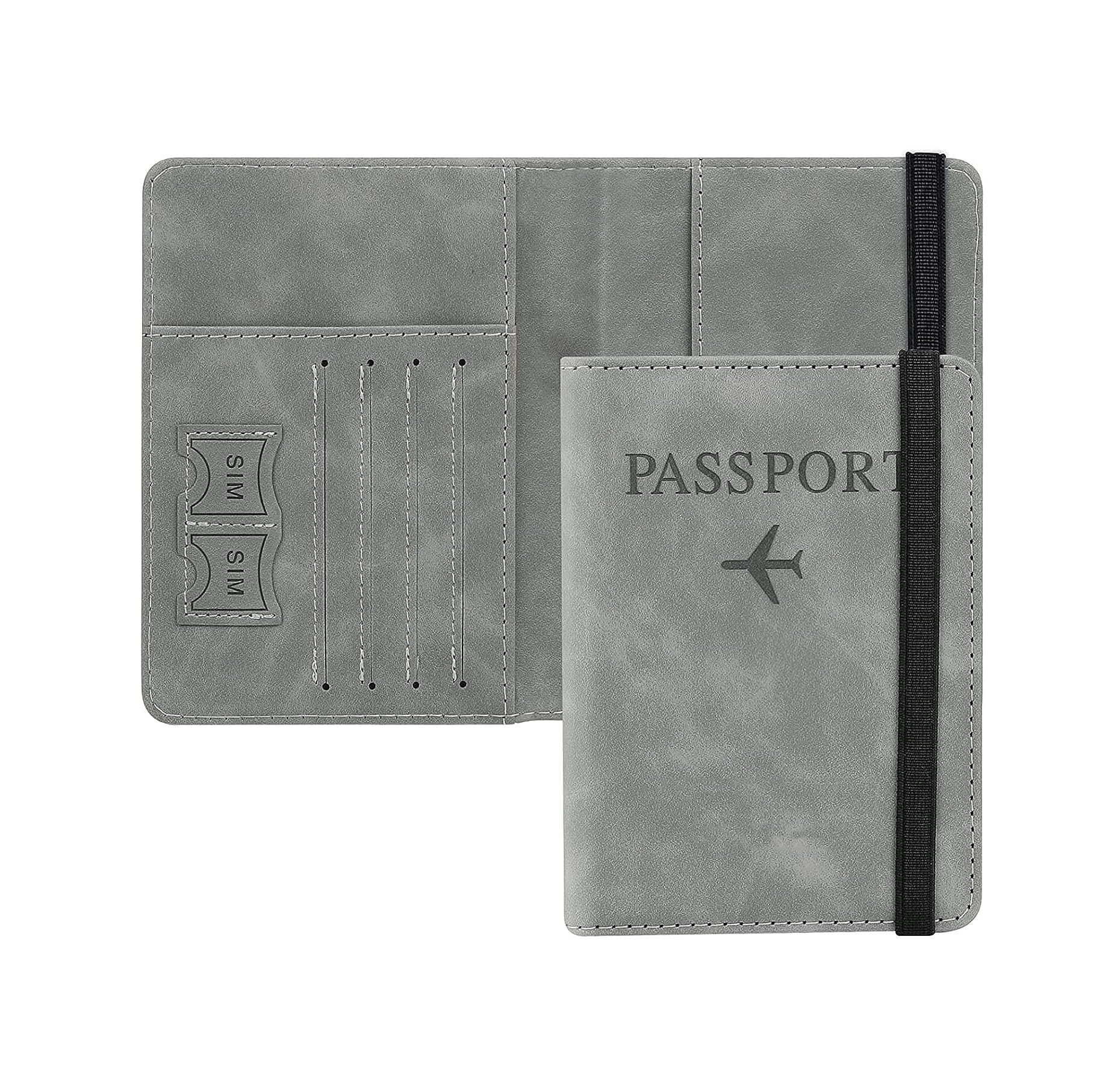PU Leather Passport Holder Wallet, Black, with 4 Card Slots, SIM Holder, Cash Slot & Elastic Band for Men and Women (Grey)-image-49