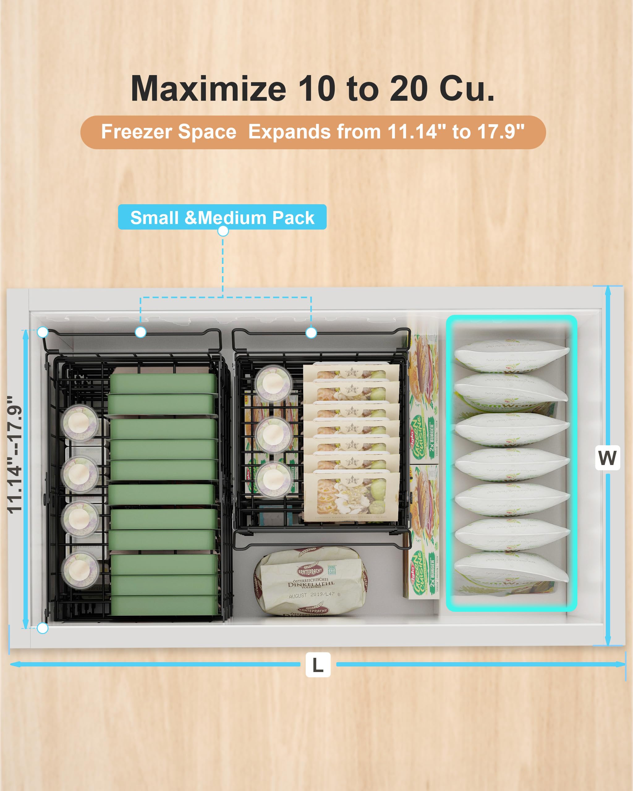 UMDONX 2 Pack Expandable Chest Freezer Basket Organiser Storage Boxes with Foldable Handle - Image 3