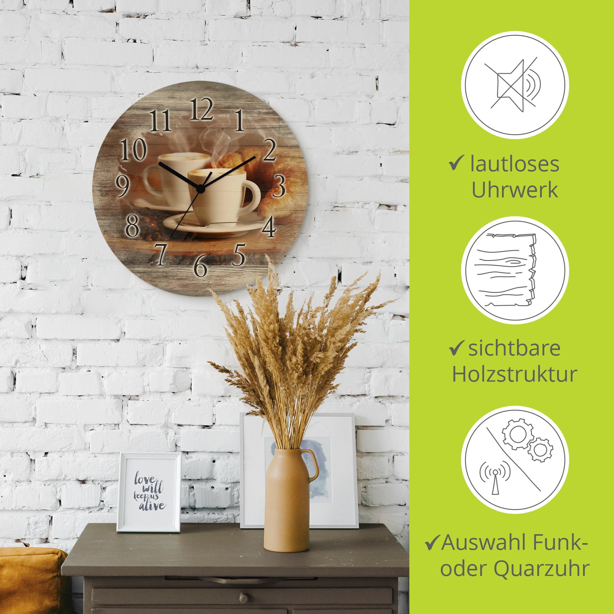 ARTLAND Wanddeko Wanduhr Holz Funkuhr ohne Tickgeräusche lautlos rund Ø 30 cm Küchenuhr Kaffee Cappuccino Croissant T5XO
