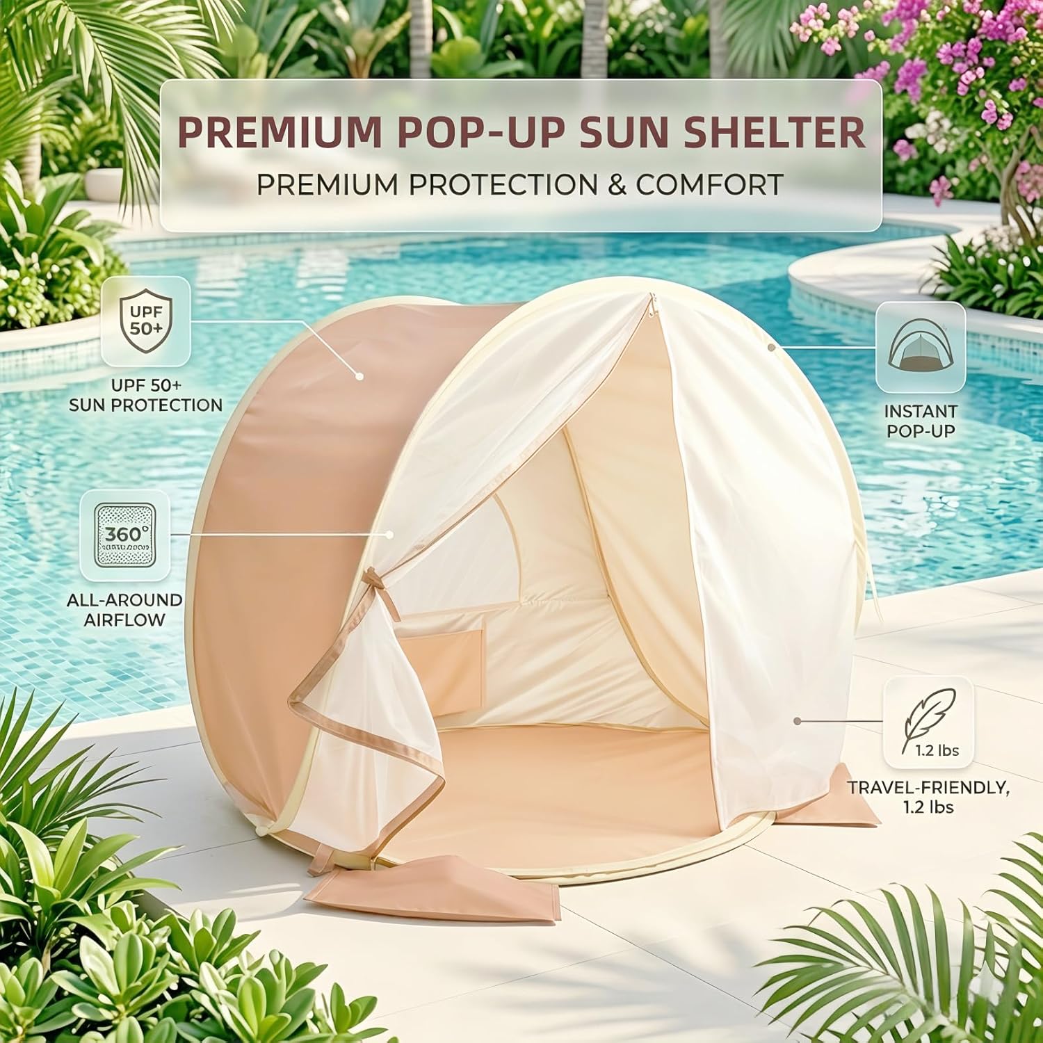 Baby Beach Tent, Pop Up Baby Tent with UV Protection, 37"x29"x33" Baby Sun Shade, Portable Baby Beach Essentials | 1.2lbs Lightweight, Sand-Proof Mesh Door, 4 Steel Stakes & Carry Bag