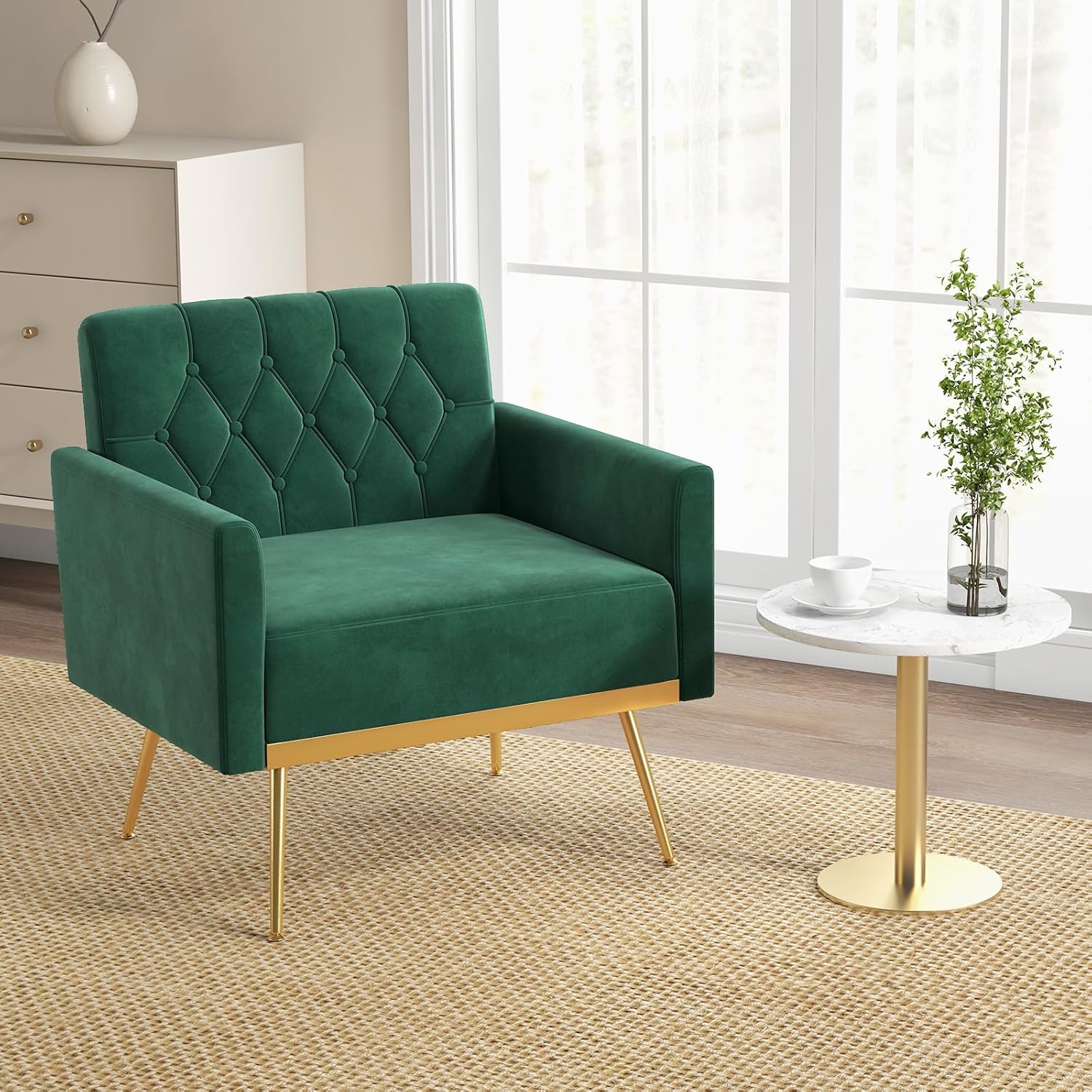 KOMFOTT Velvet Accent Chair, Modern Tufted Armchair with Golden Metal Legs & Adjustable Foot Pads, Upholstered Sofa Chair for Bedroom, Comfy Living Room Chairs, Green