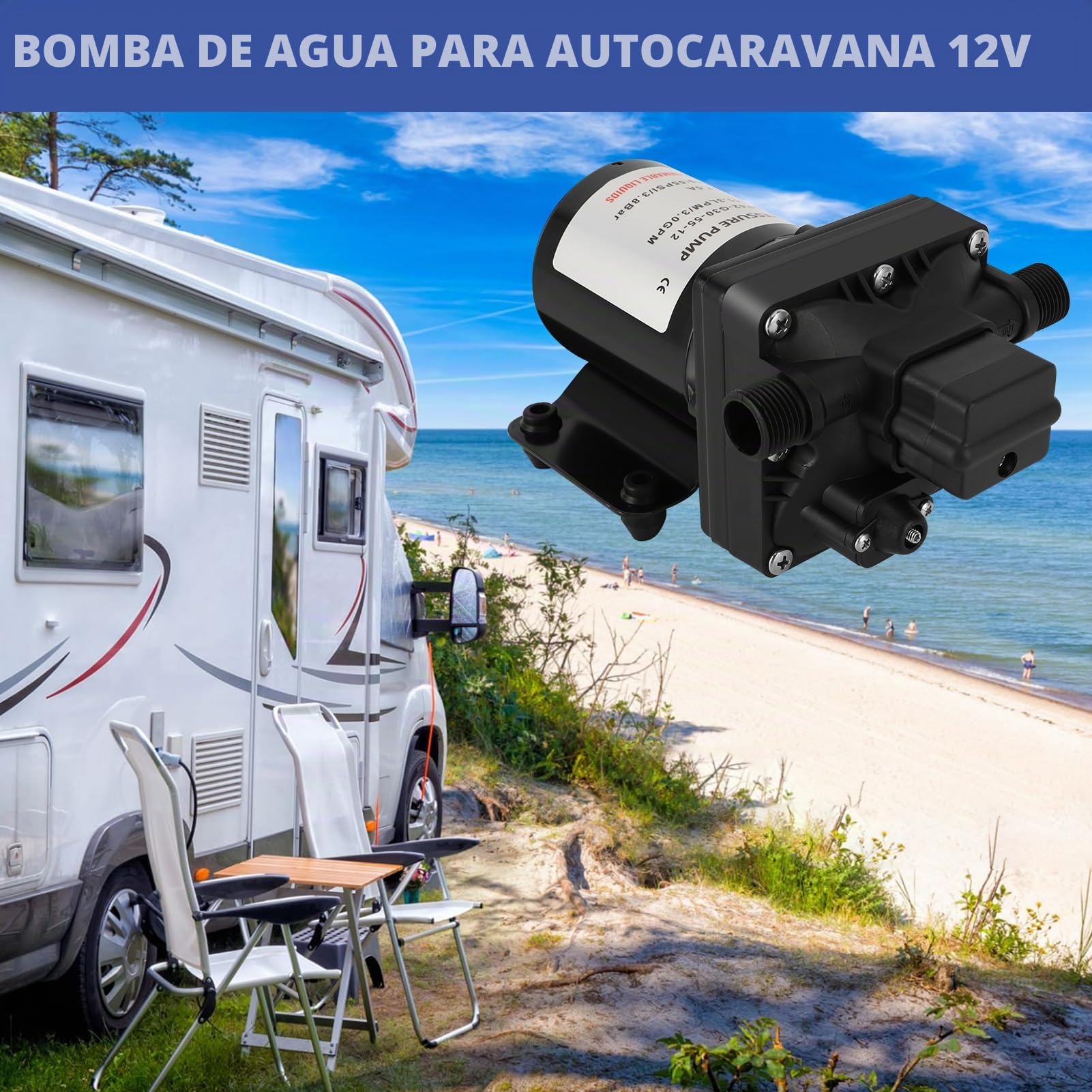 4008-101-E65, Dispensadores de Agua Fría y Caliente, 55 PSI, 3 Galones por Minuto, 7,5 Amperios, 12 V Caravana, Caravana, Bomba de Agua Autocebante 4008101E65