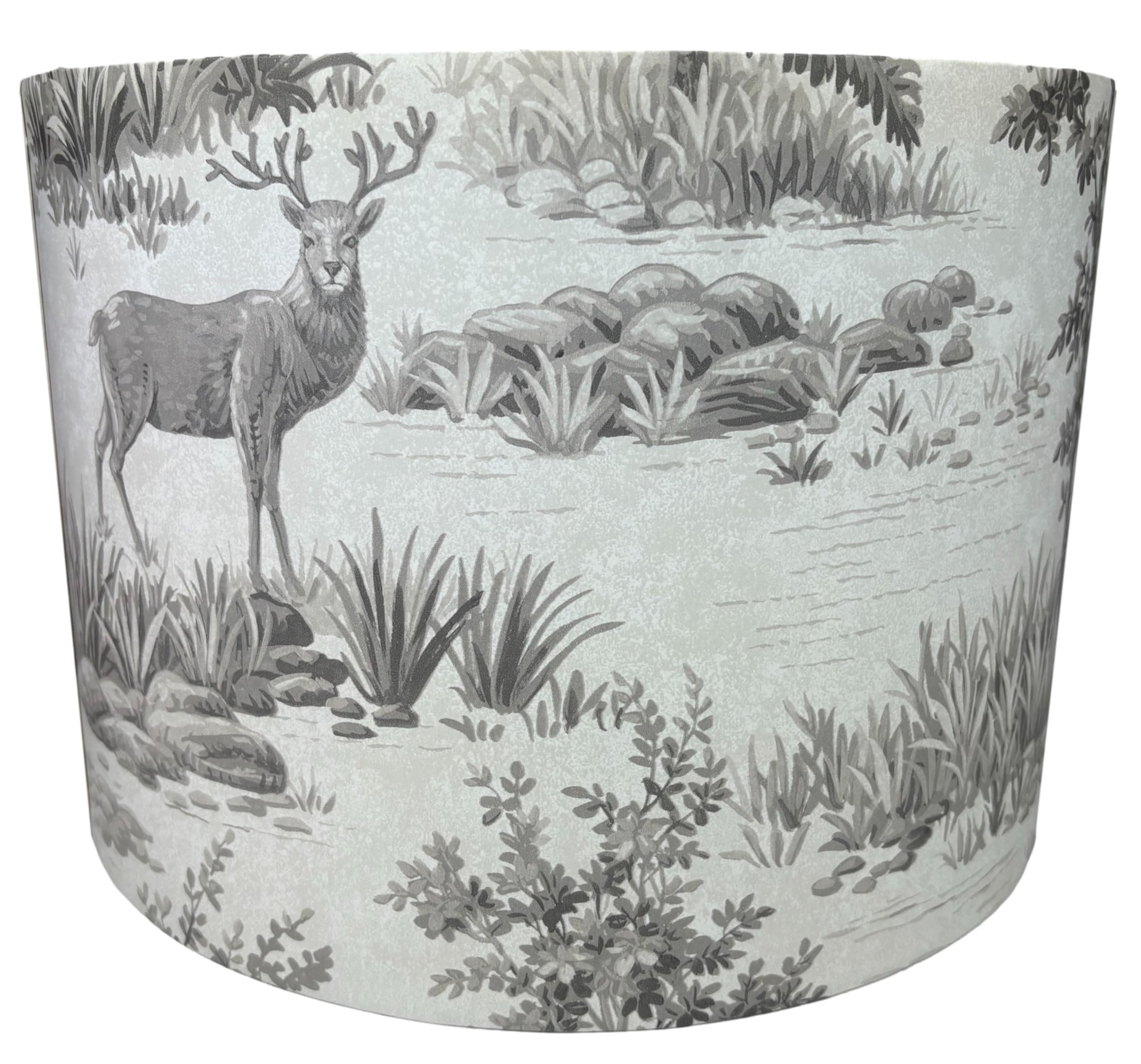 Lampshade Kings Grey Stag And Deer Lampshade For Ceiling And Table Lamps - Woodland Design Light Shade With Trees, Rocks, And Florals - Rustic Home Decor