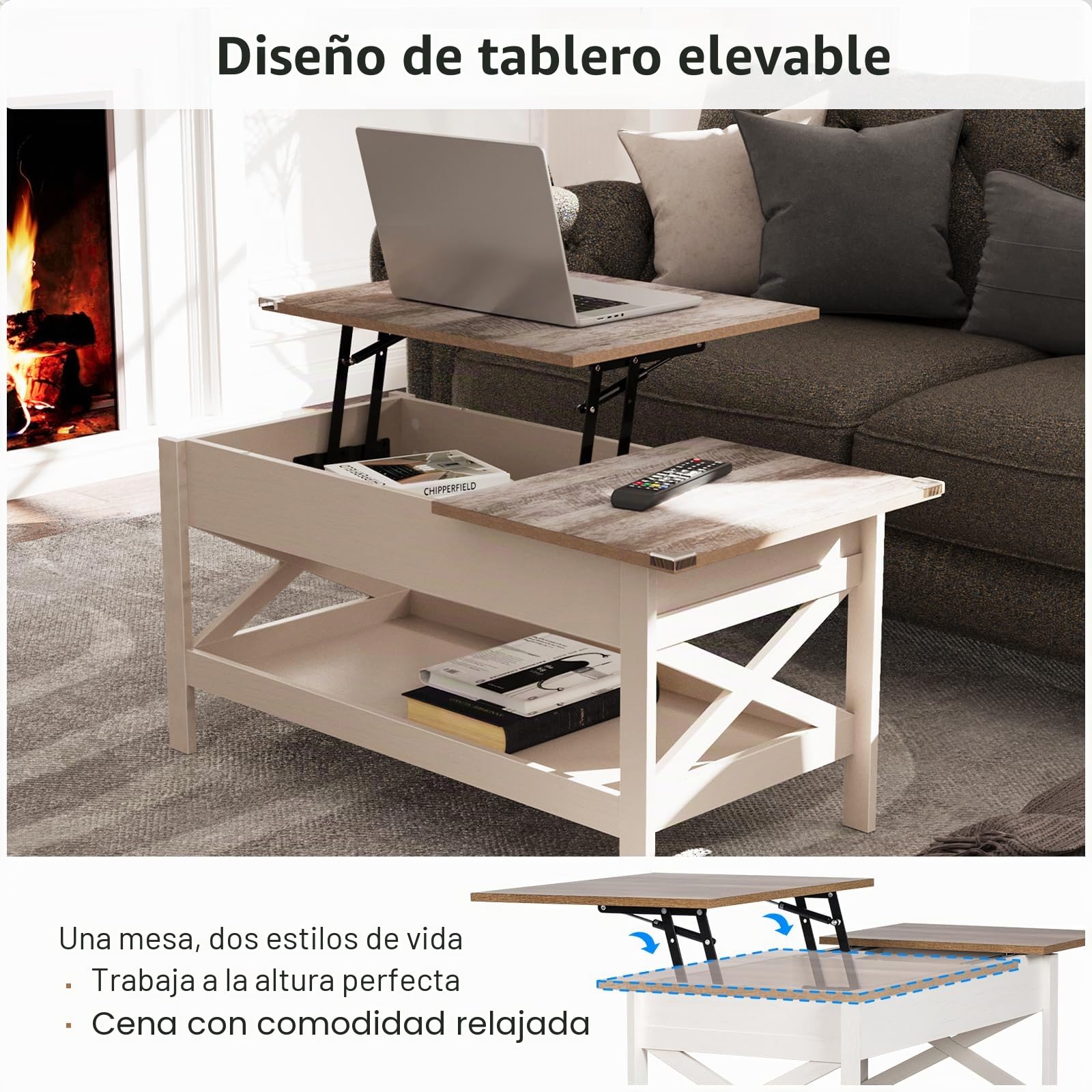 Mesa Elevable Salon,Mesa de Centro con Placa Elevable, Mesa Baja Salon de 39 Pulgadas con Compartimento Oculto, Mesa de Salón Tipo Push-Pull para Salón y Oficina (Blanco)