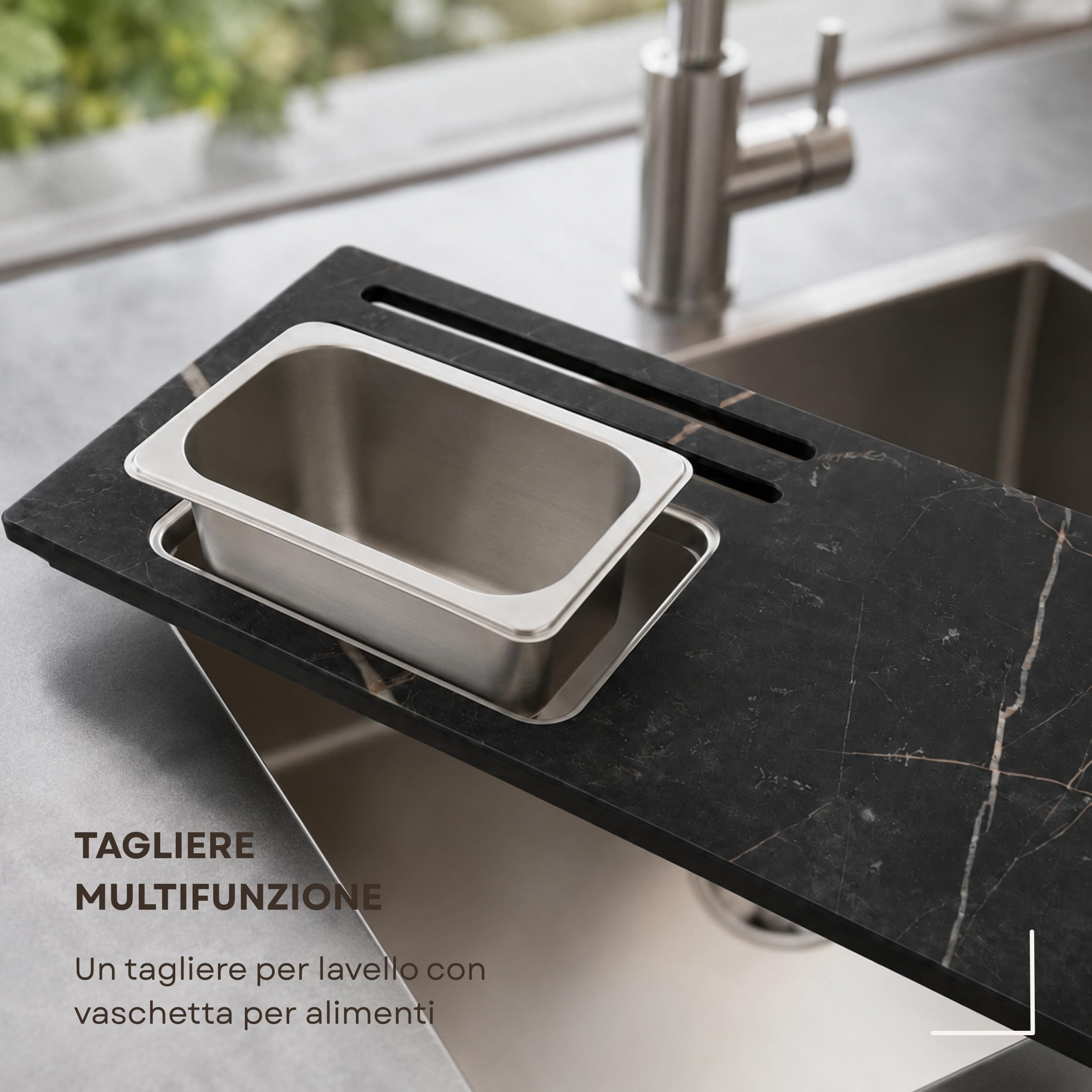 Tagliere da Lavabo in HPL 12mm Effetto Marmo Nero Design Moderno | Taglieri per Lavandino Antibatterico e Antigraffio con Vaschetta Contenitore Rimovibile per Alimenti Made in Italy